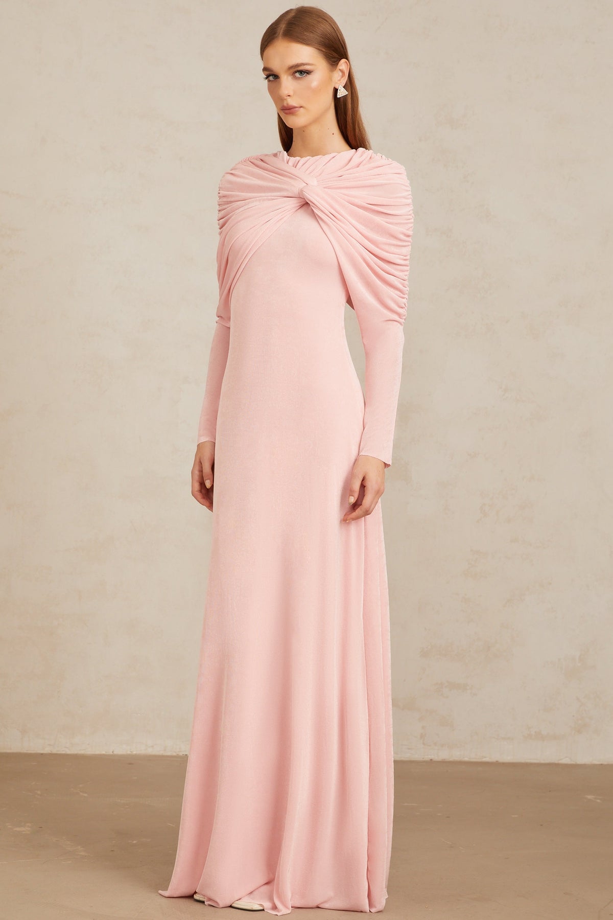 Moderne Pink Shawl Panel Ruched Maxi Dress (Final Sale-US Only)