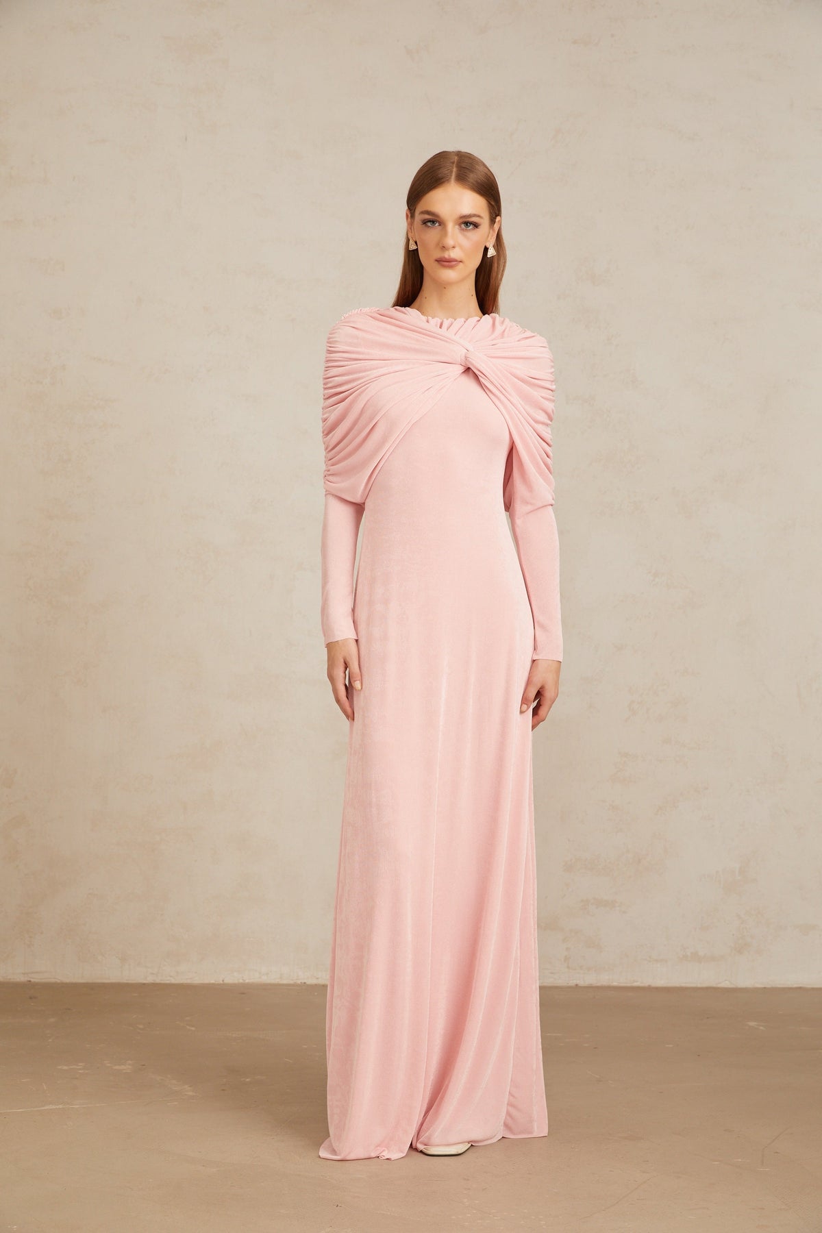 Moderne Pink Shawl Panel Ruched Maxi Dress (Final Sale-US Only)