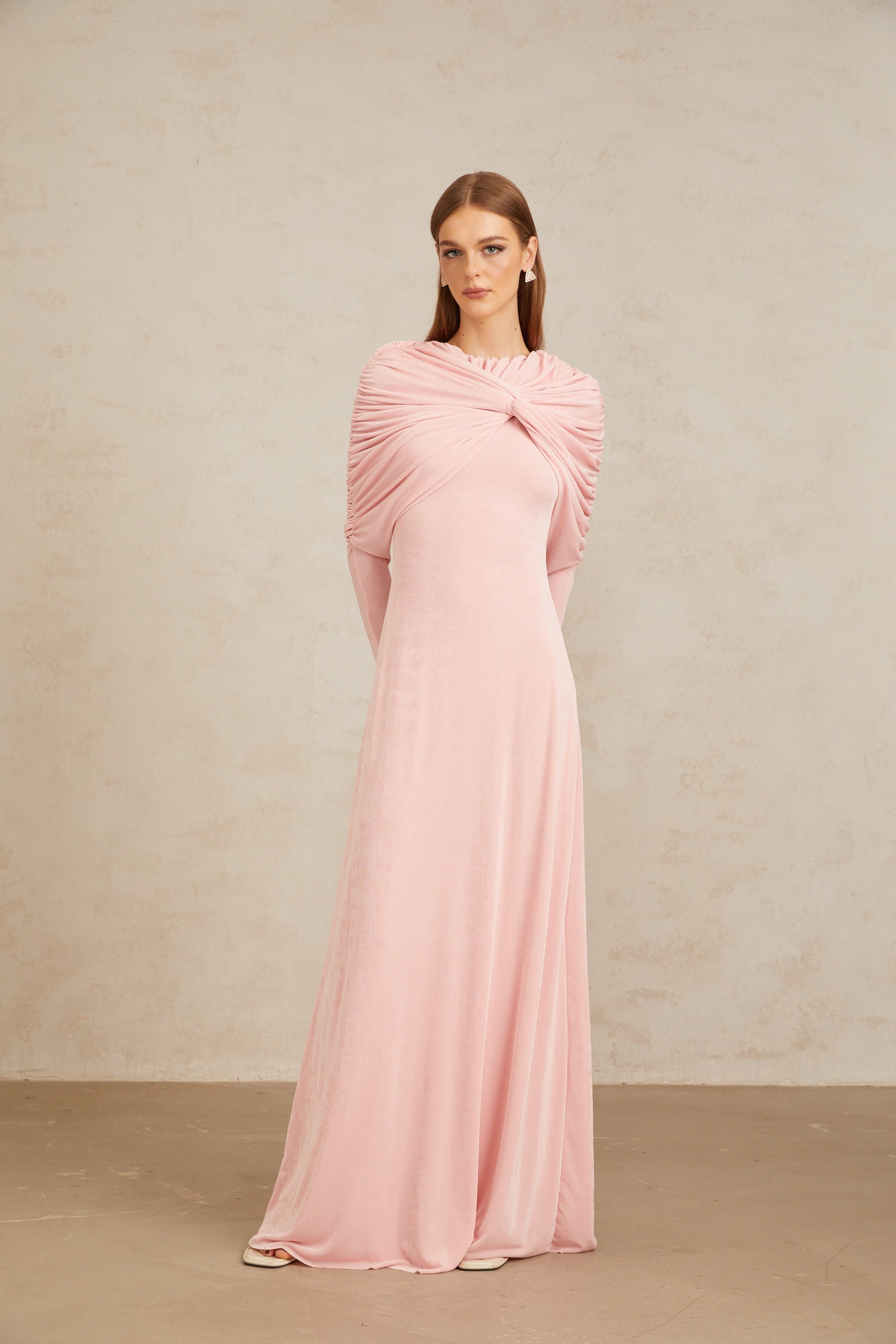 Moderne Pink Shawl Panel Ruched Maxi Dress (Final Sale-US Only)