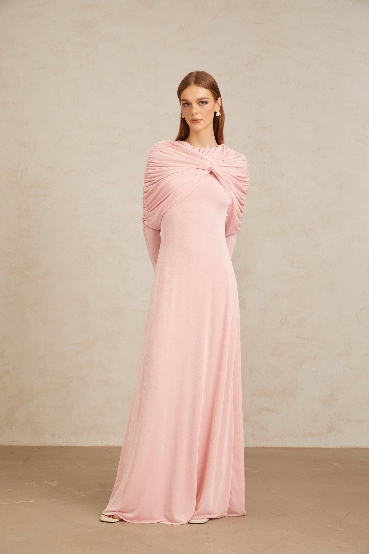 Moderne Pink Shawl Panel Ruched Maxi Dress (Final Sale-US Only)