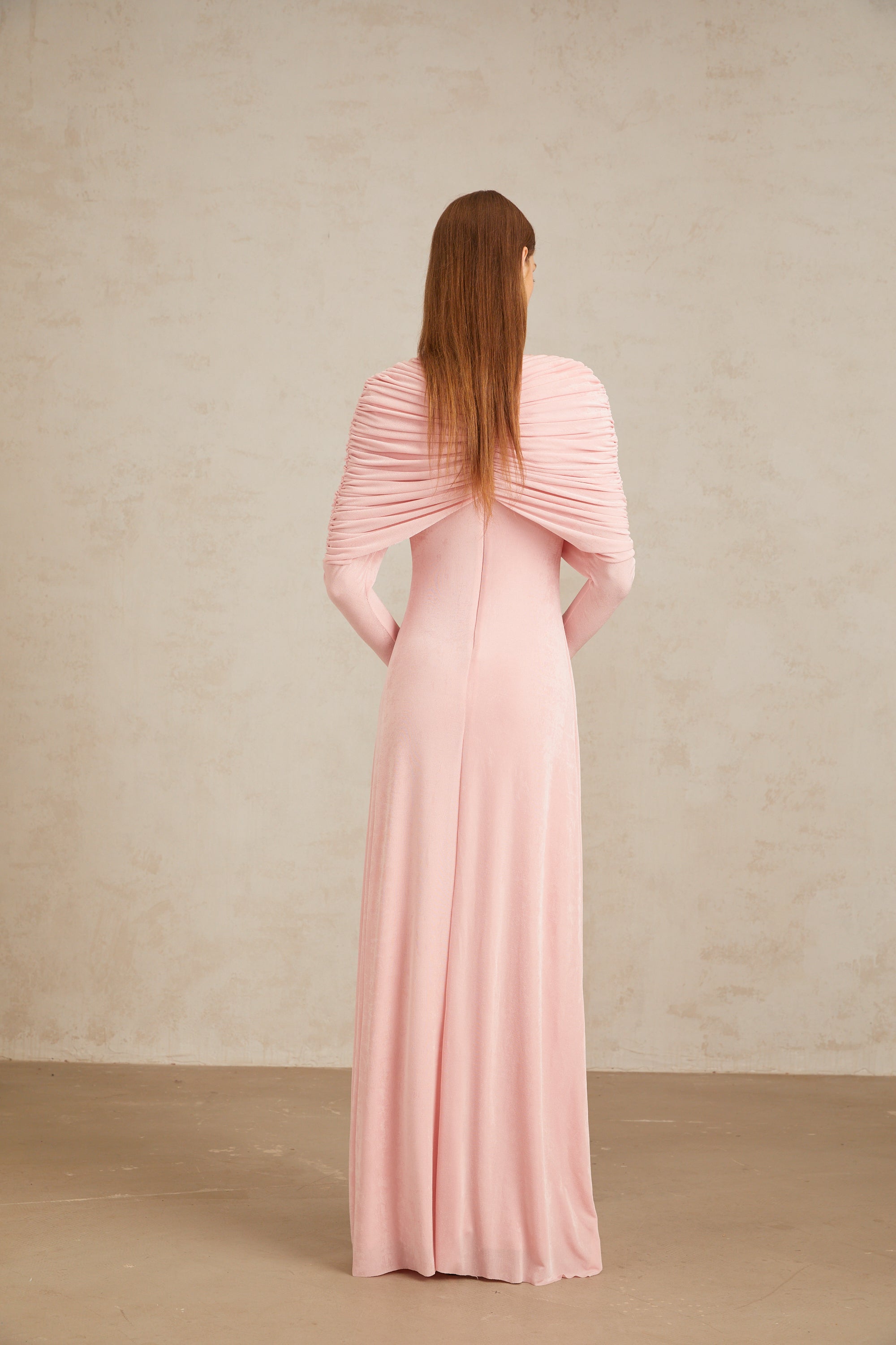 Moderne Pink Shawl Panel Ruched Maxi Dress (Final Sale-US Only)