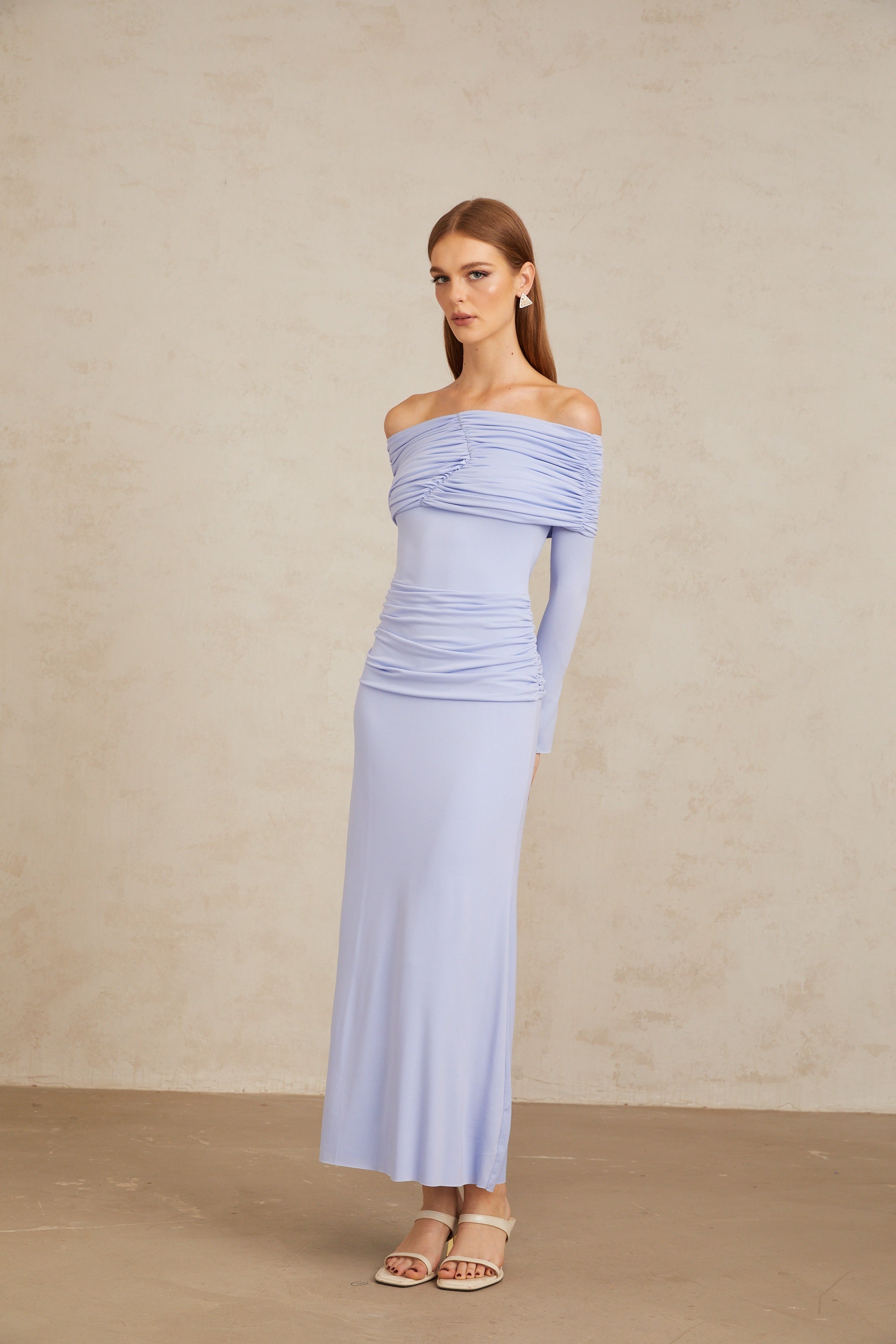 Katia Light Blue Off-Shoulder Ruched Maxi Dress