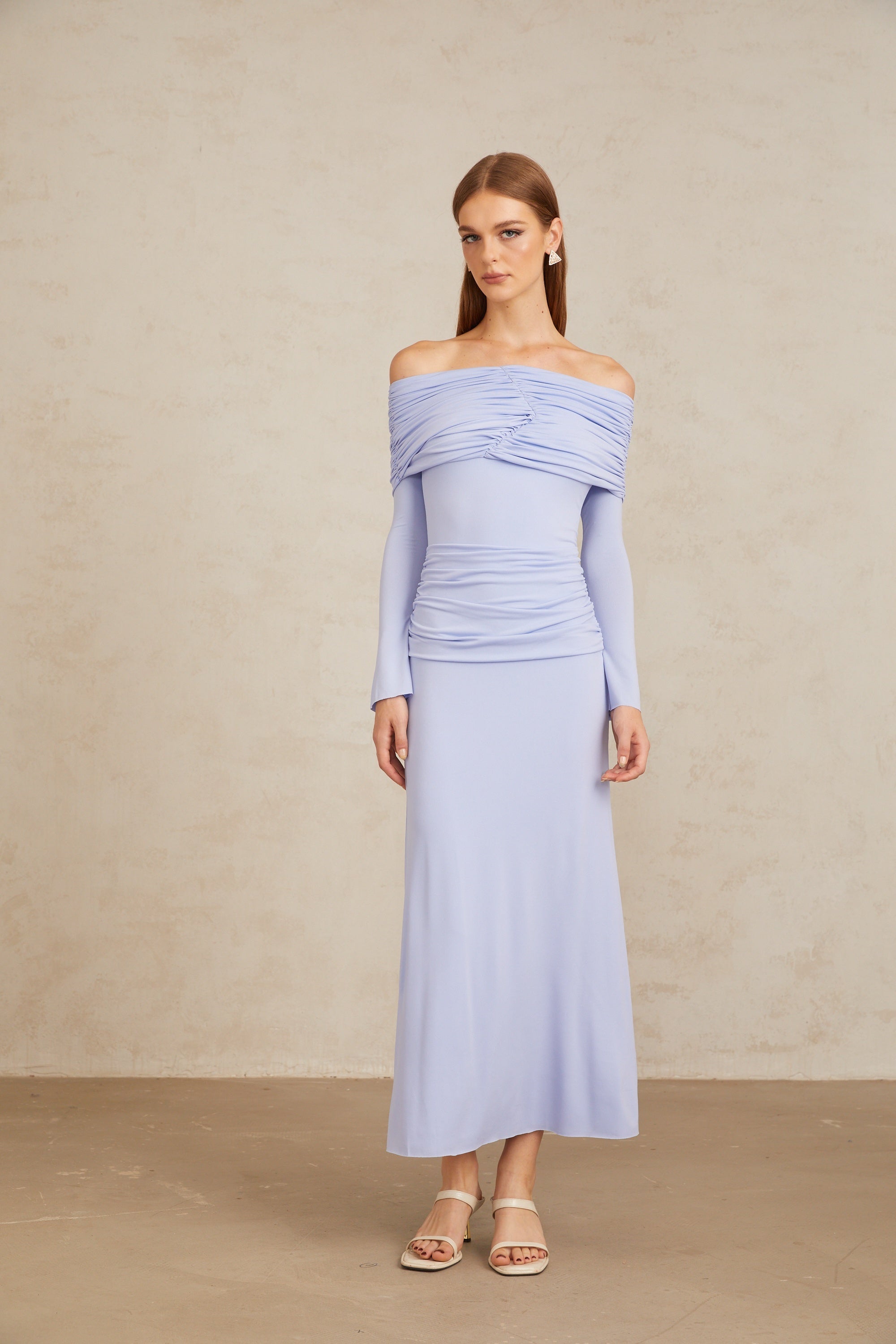 Katia Light Blue Off-Shoulder Ruched Maxi Dress