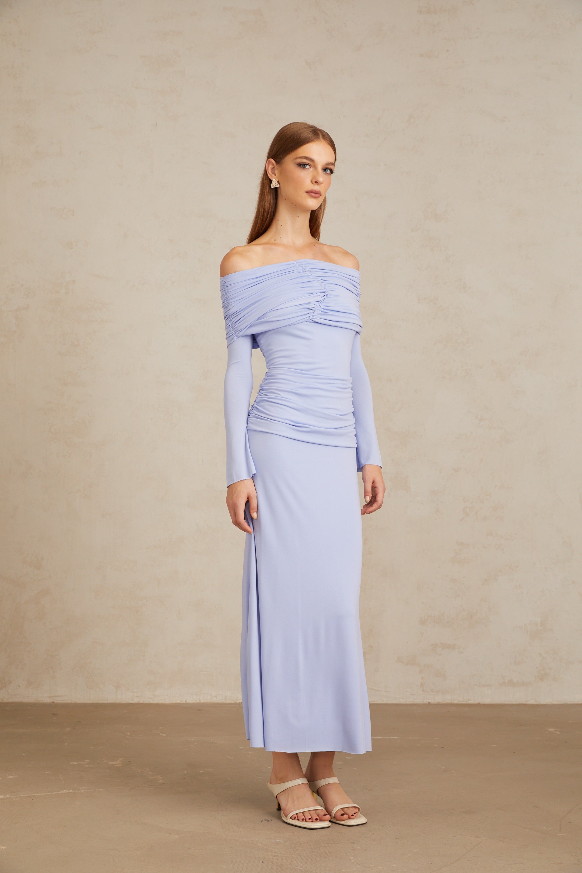 Katia Light Blue Off-Shoulder Ruched Maxi Dress