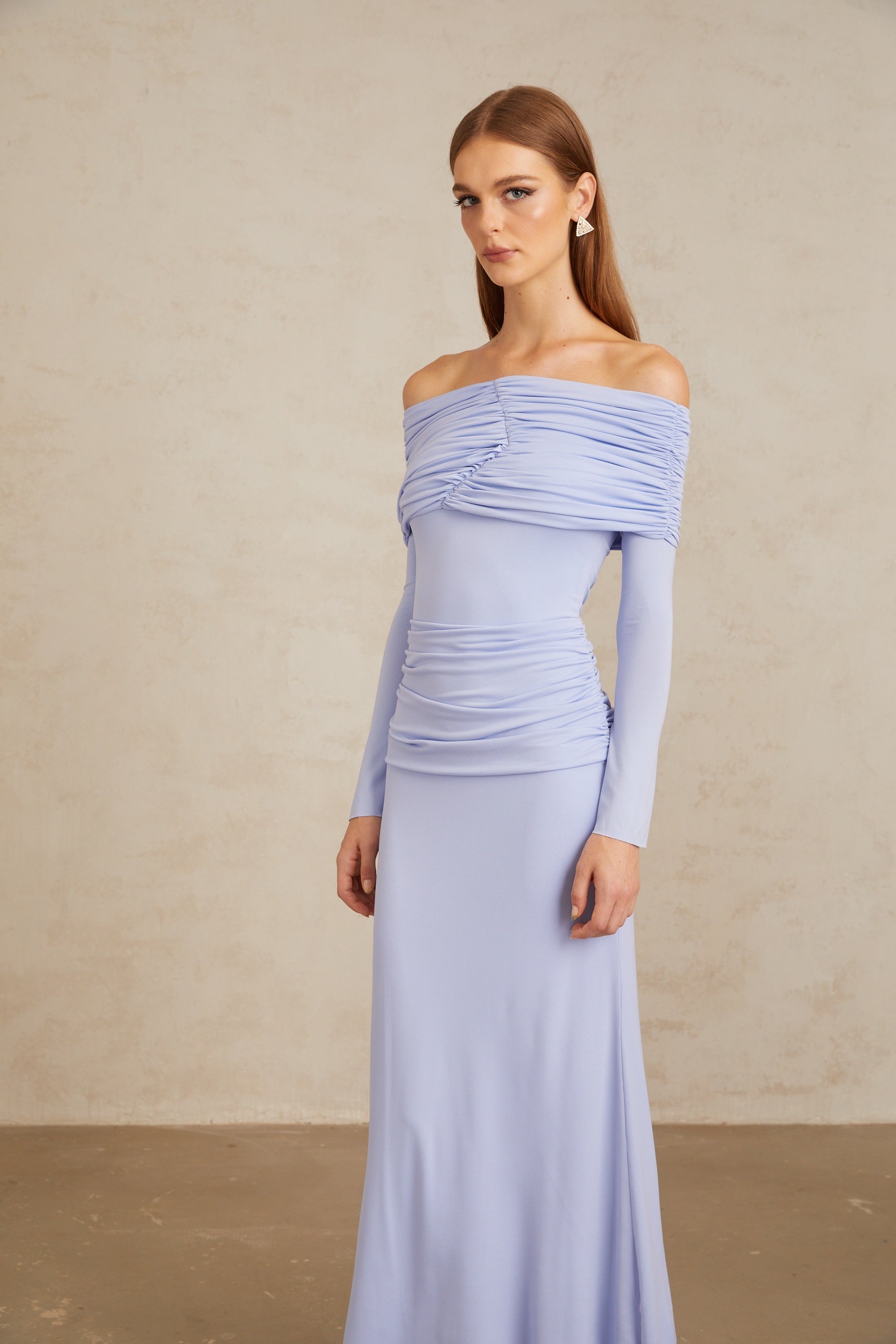 Katia Light Blue Off-Shoulder Ruched Maxi Dress