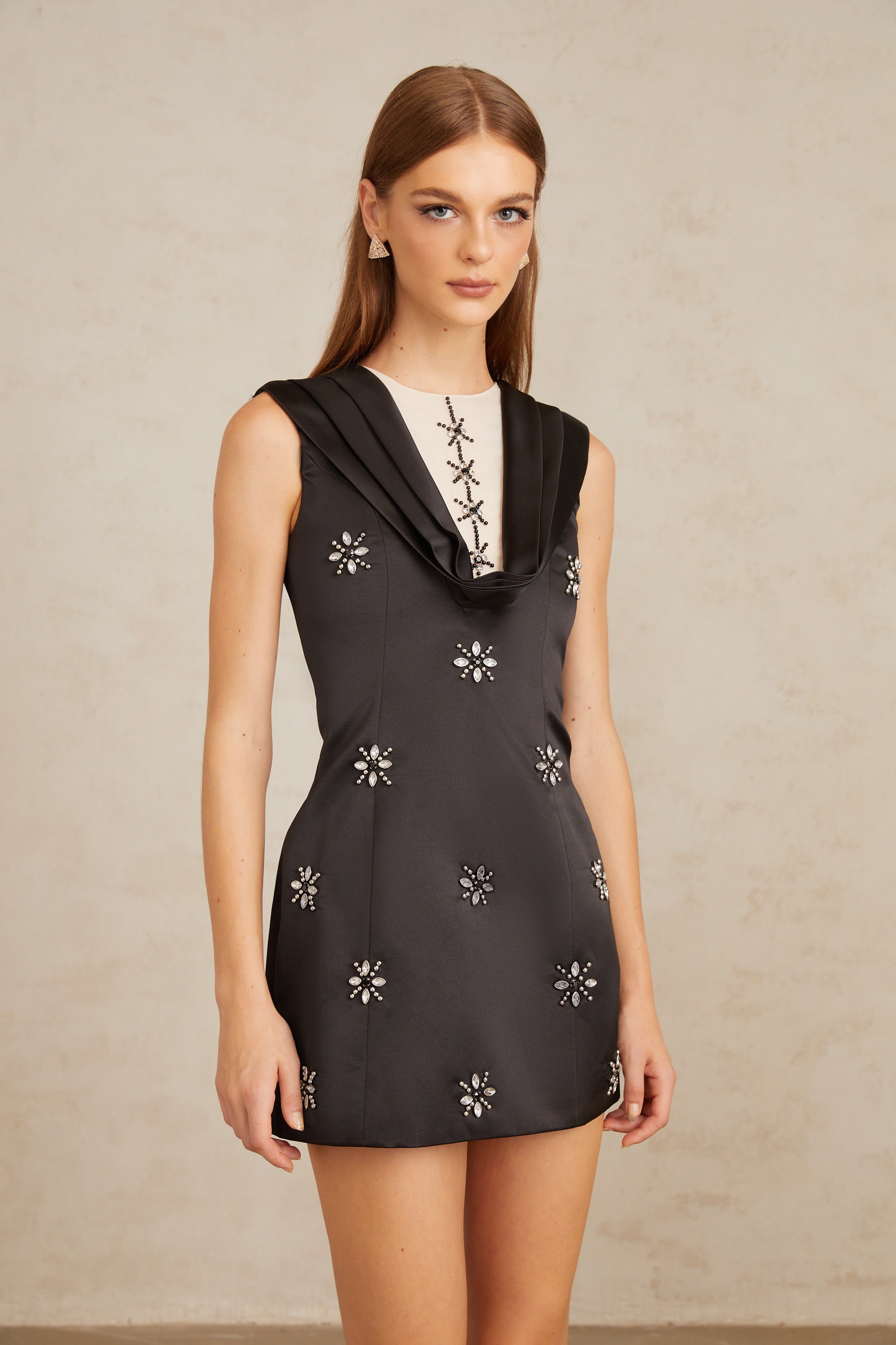 Ludivine Black A-Line Embellished Mini Dress