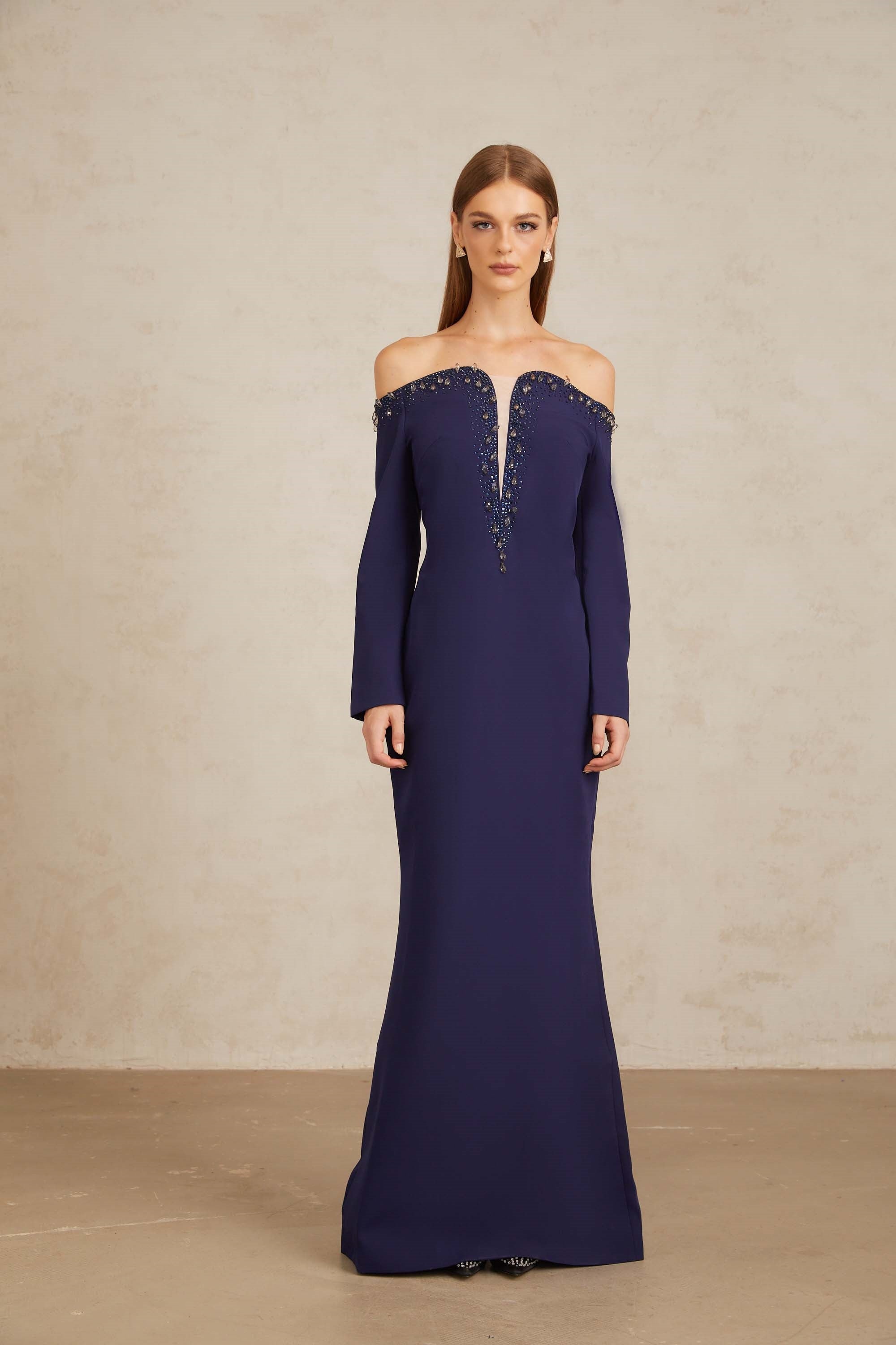 Joyanna Blue Off-Shoulder Embellished Gown