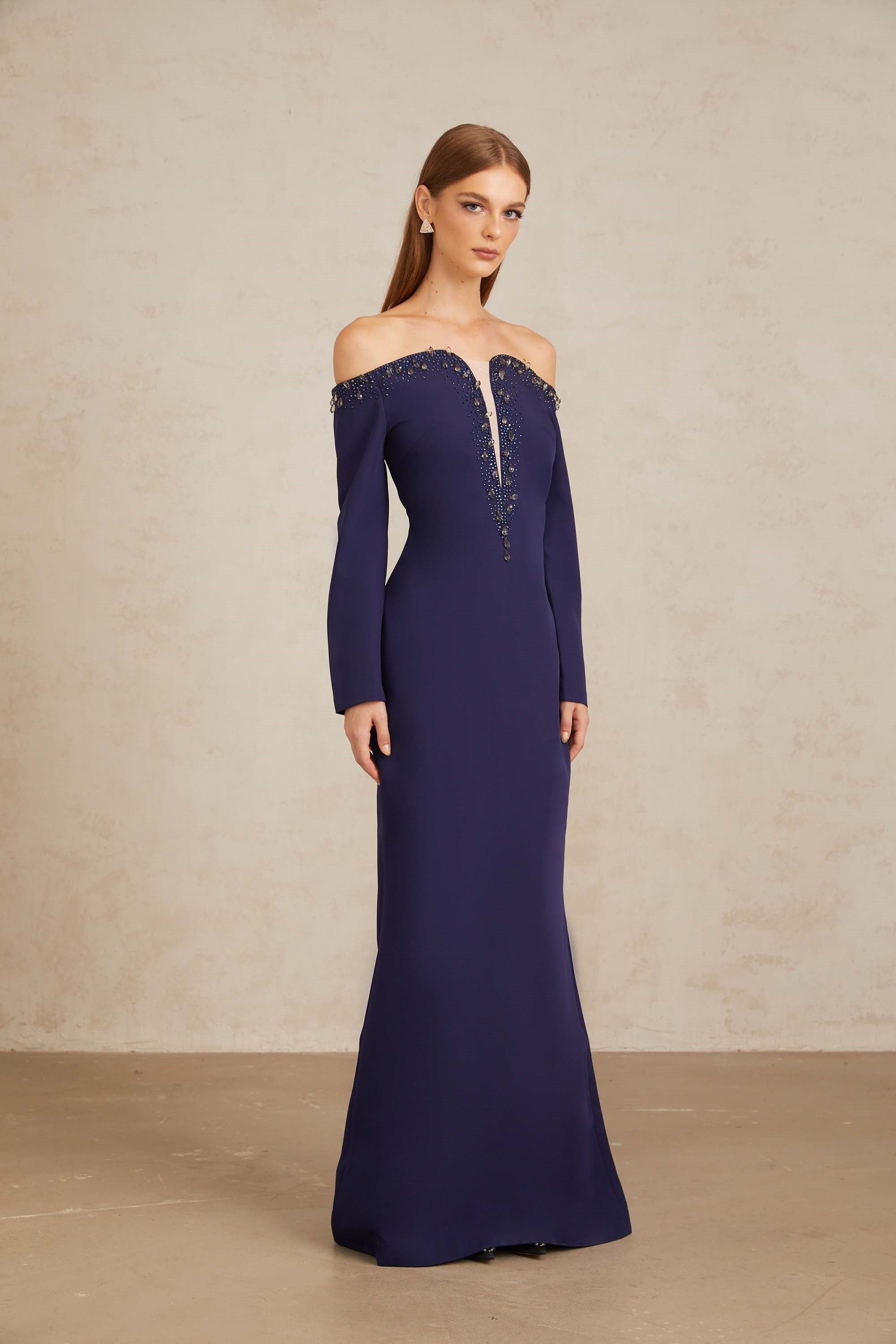 Joyanna Blue Off-Shoulder Embellished Gown