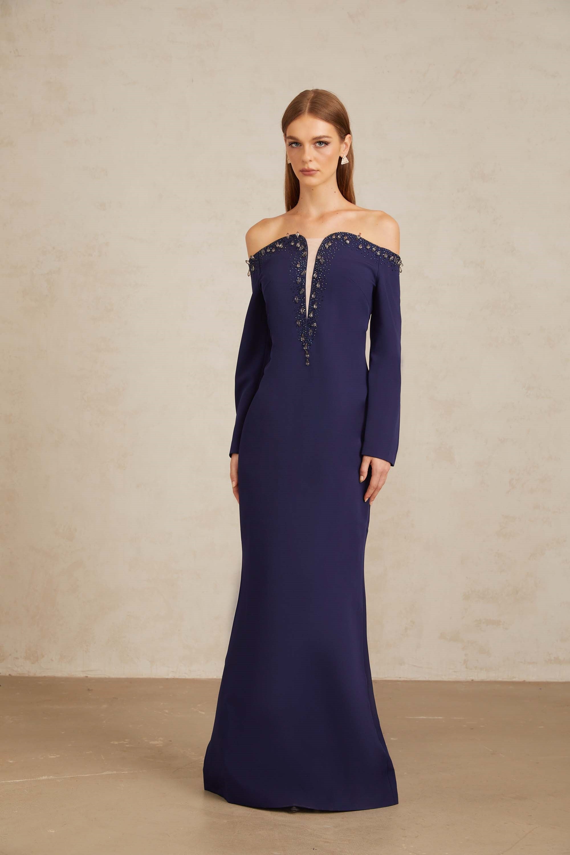 Joyanna Blue Off-Shoulder Embellished Gown