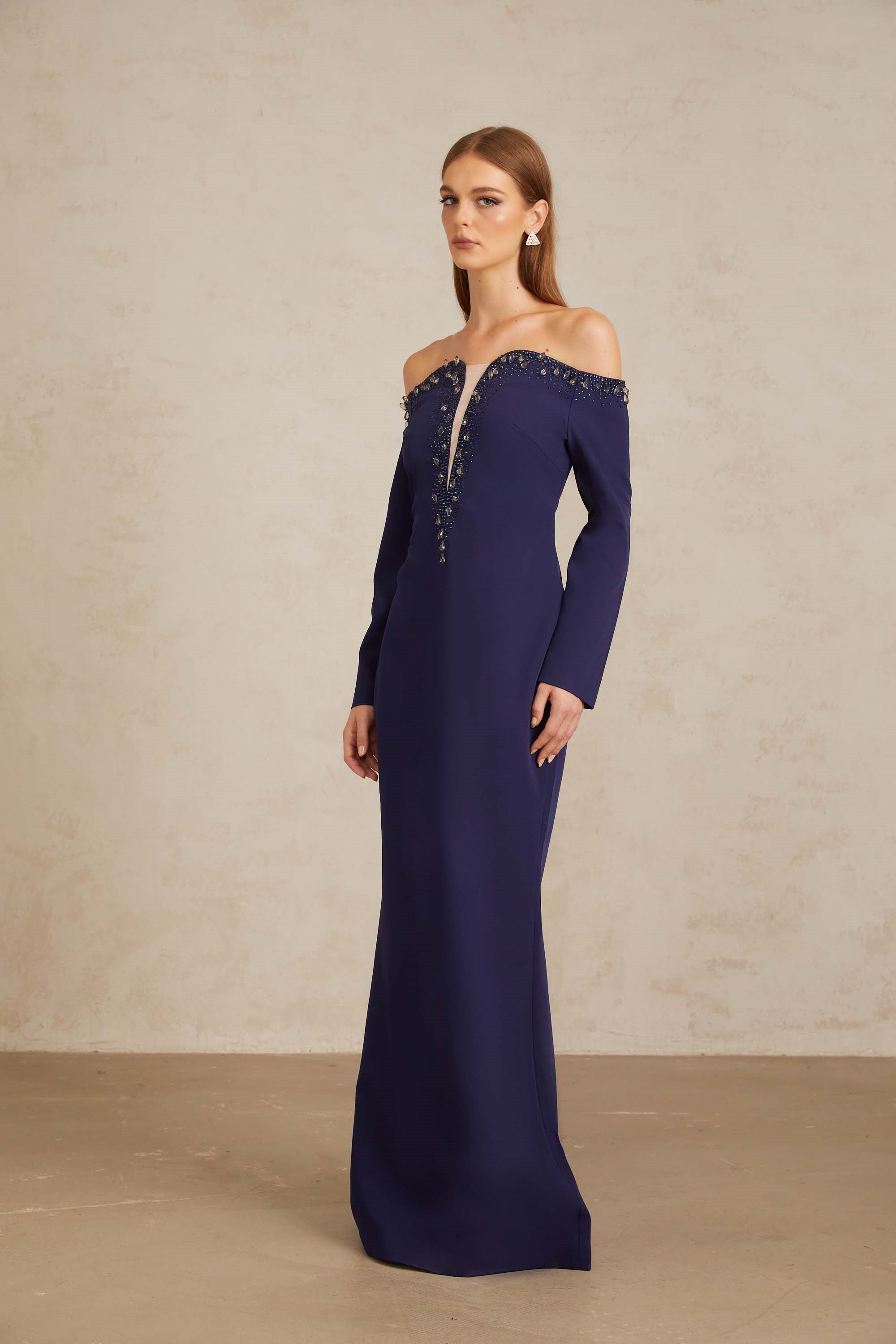 Joyanna Blue Off-Shoulder Embellished Gown