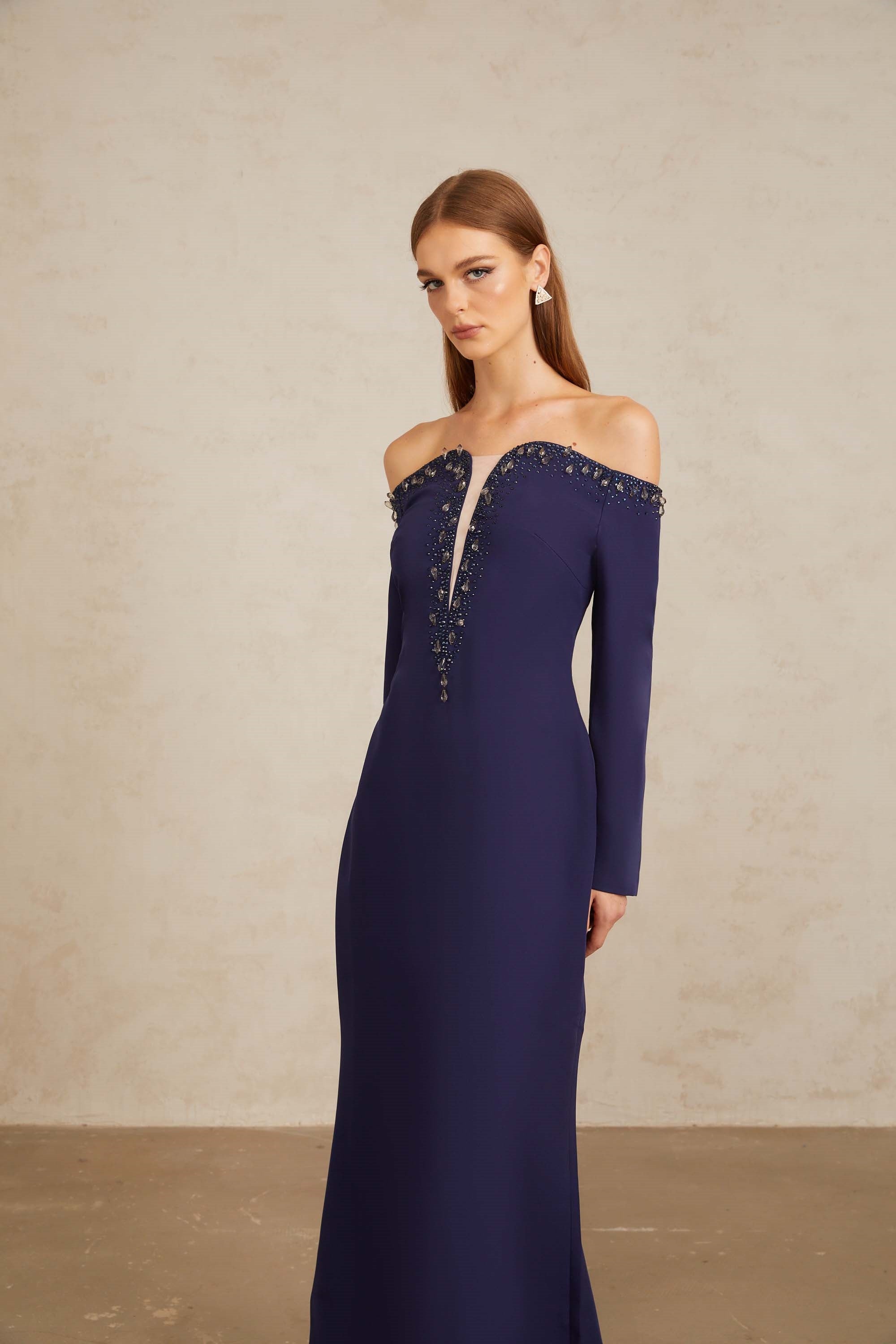 Joyanna Blue Off-Shoulder Embellished Gown