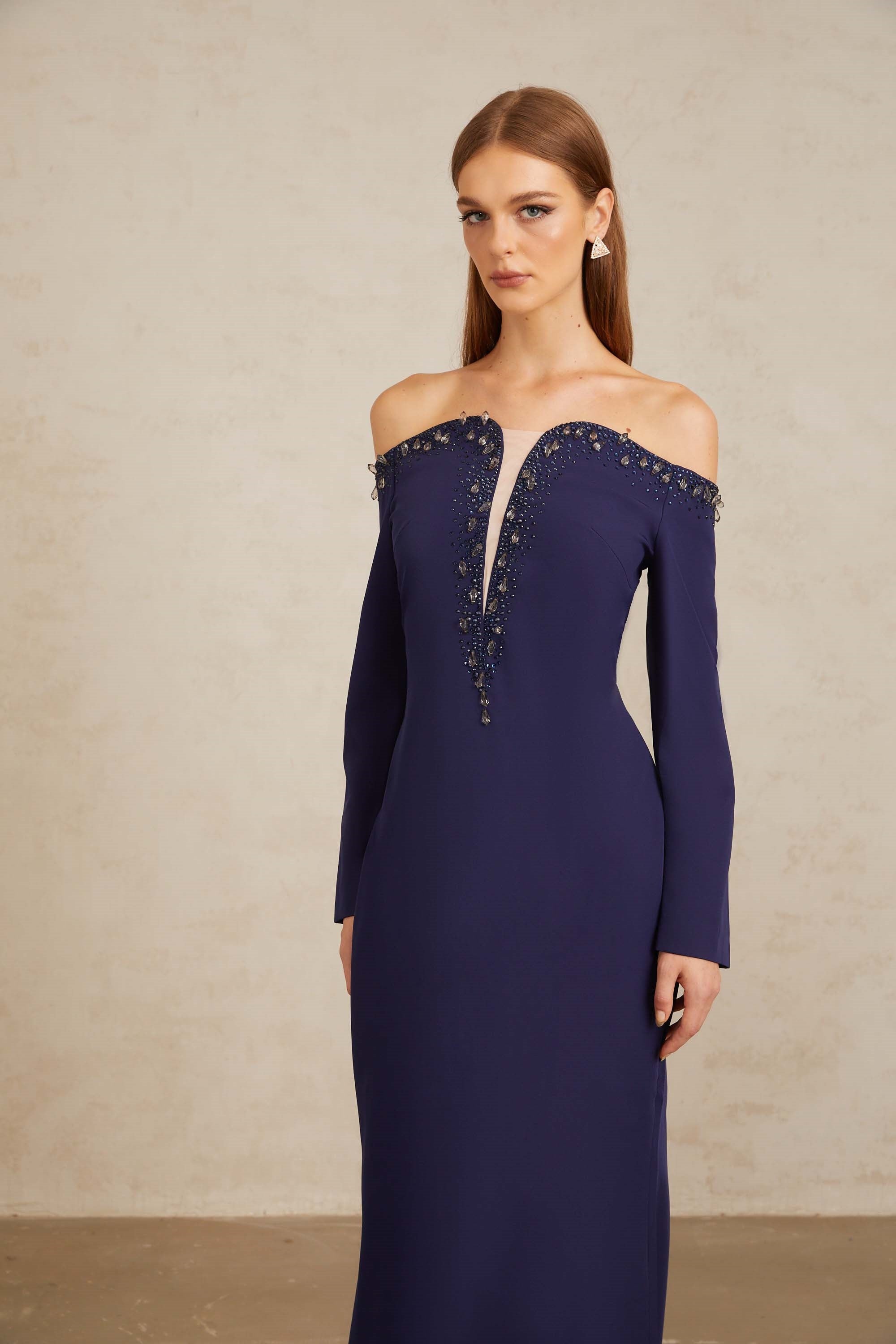 Joyanna Blue Off-Shoulder Embellished Gown