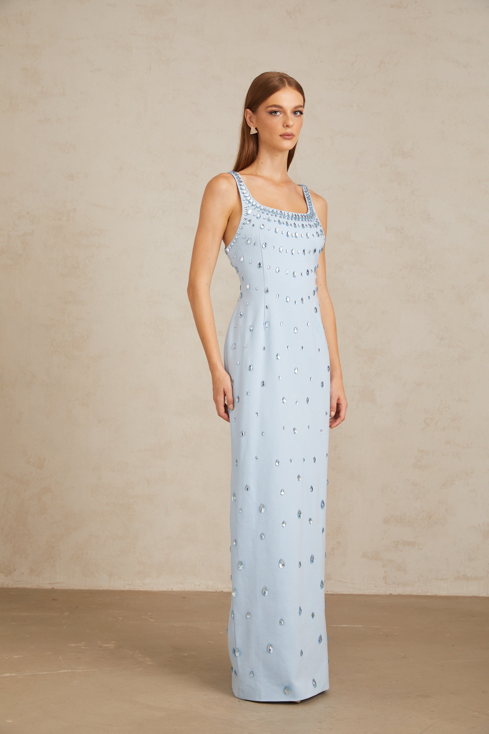 Meris Blue Crystal Embellished Maxi Gown