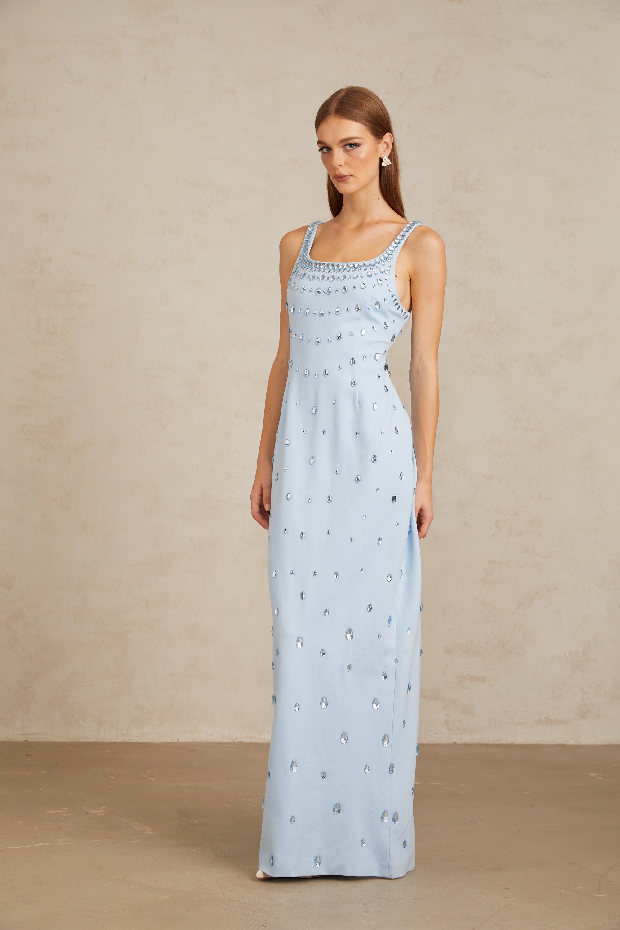 Meris Blue Crystal Embellished Maxi Gown