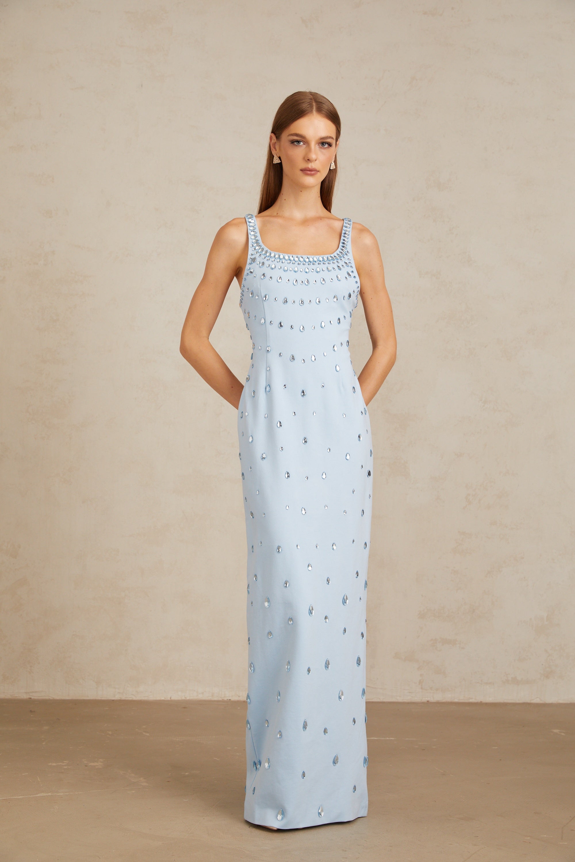 Meris Blue Crystal Embellished Maxi Gown