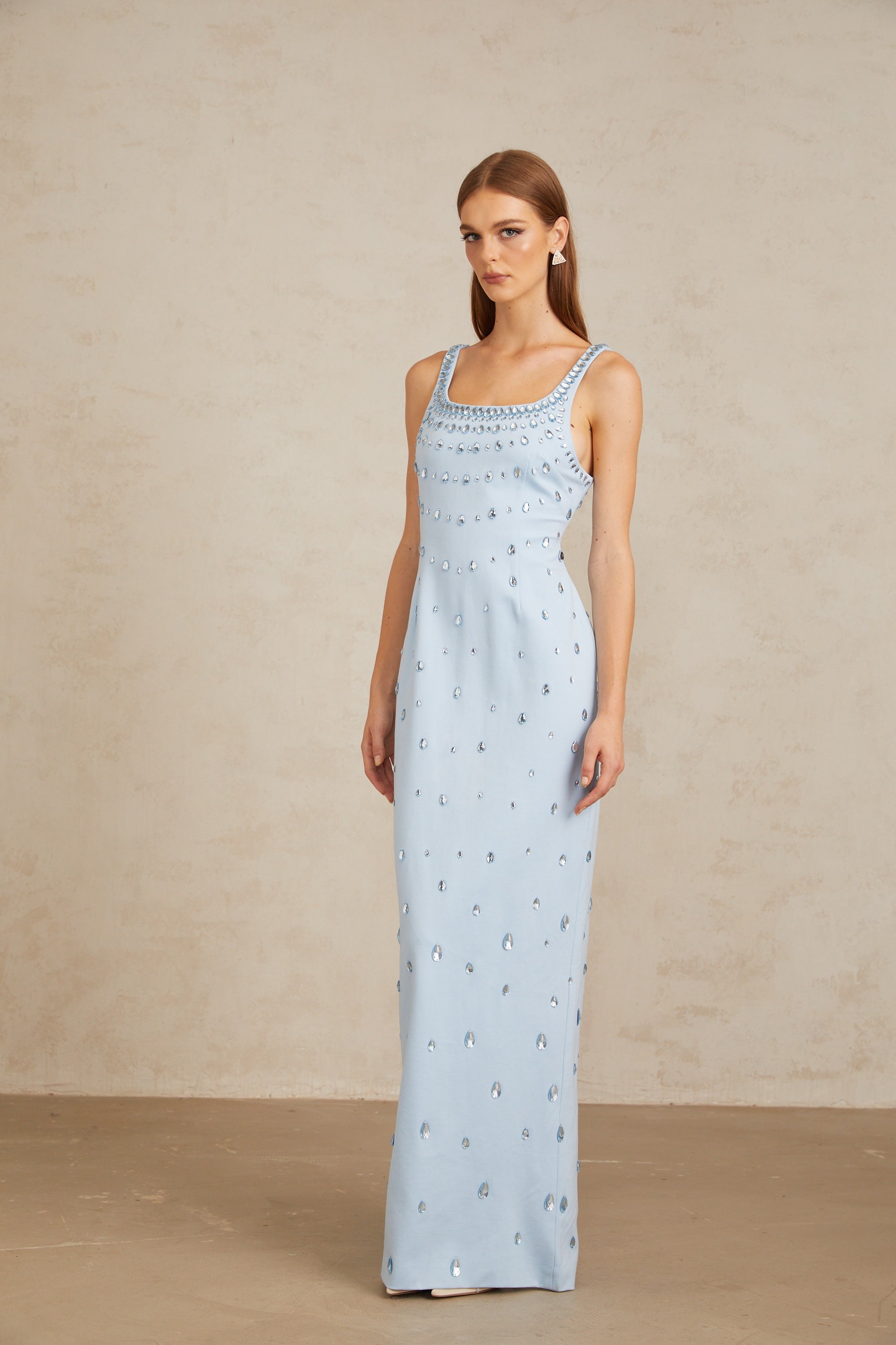 Meris Blue Crystal Embellished Maxi Gown
