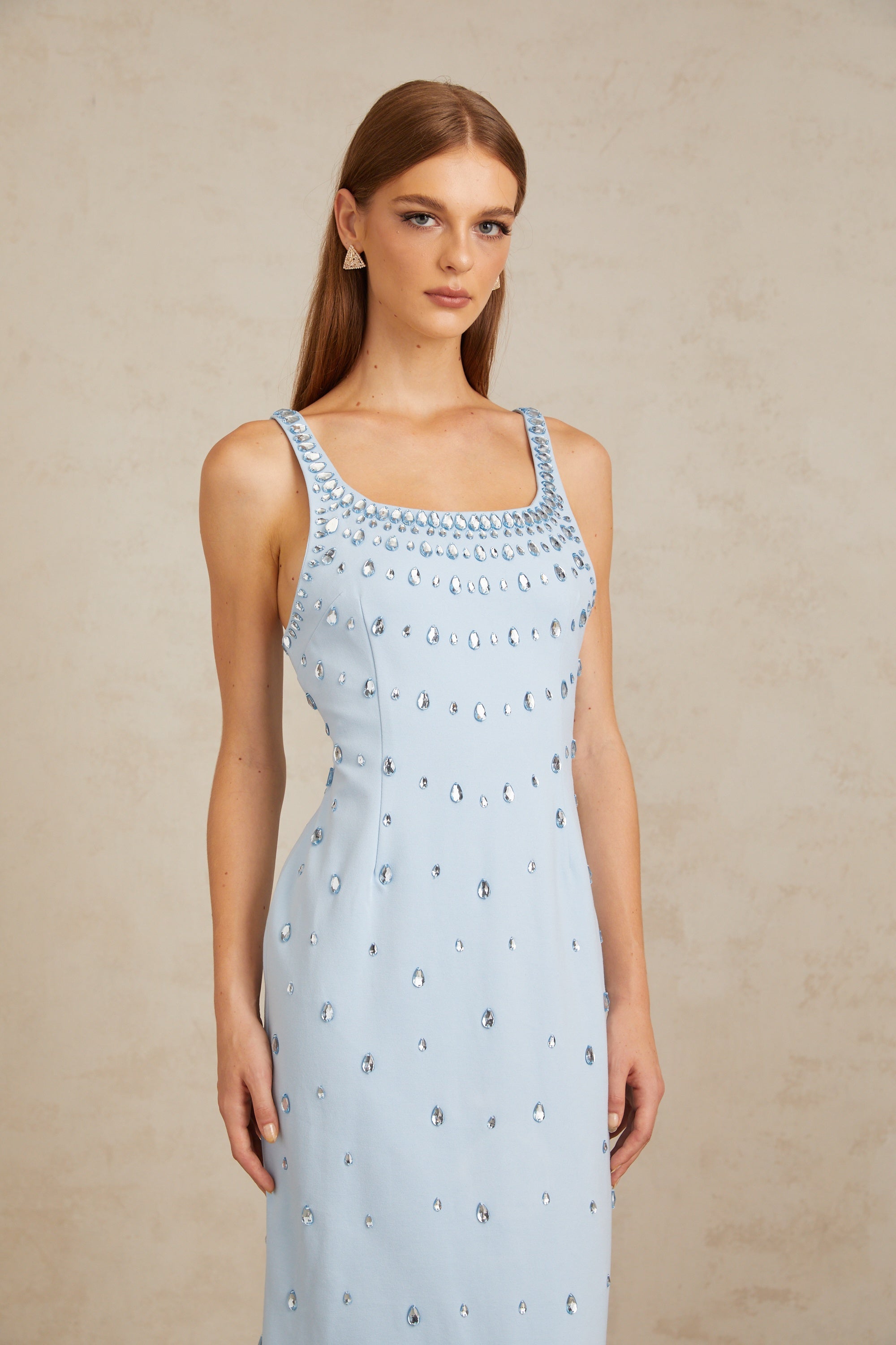 Meris Blue Crystal Embellished Maxi Gown