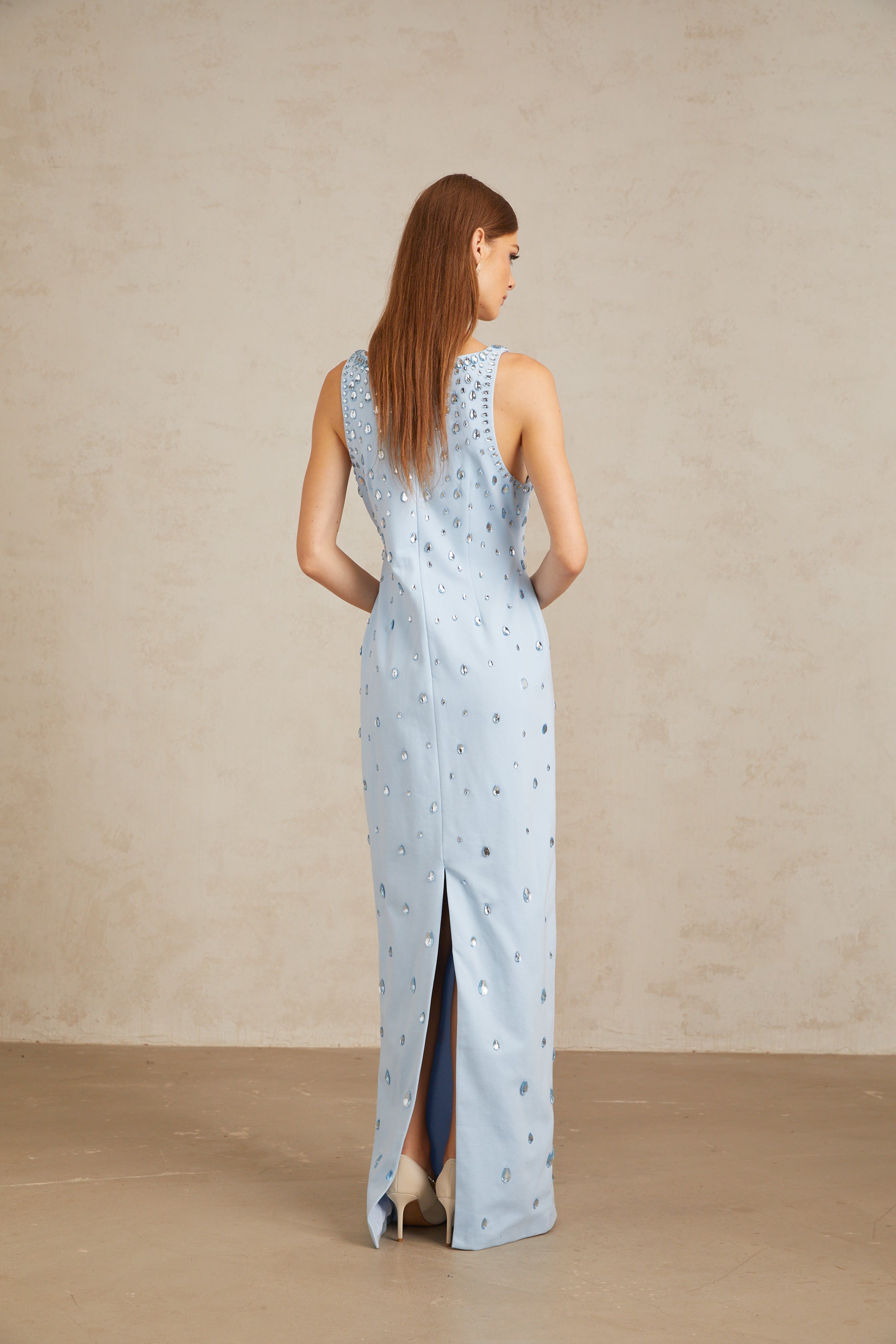 Meris Blue Crystal Embellished Maxi Gown