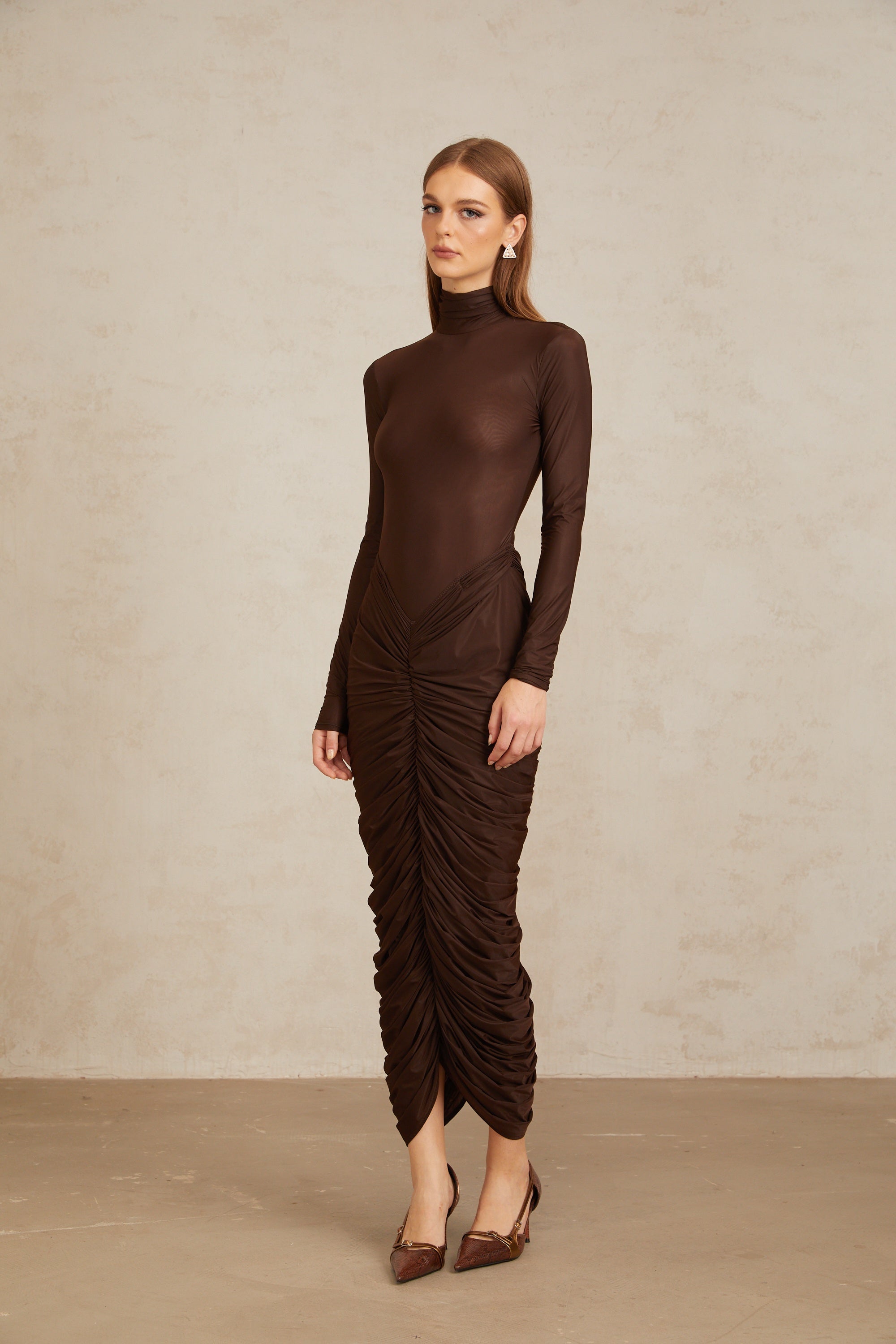Charitina Brown Fitted Ruched Midi Dress