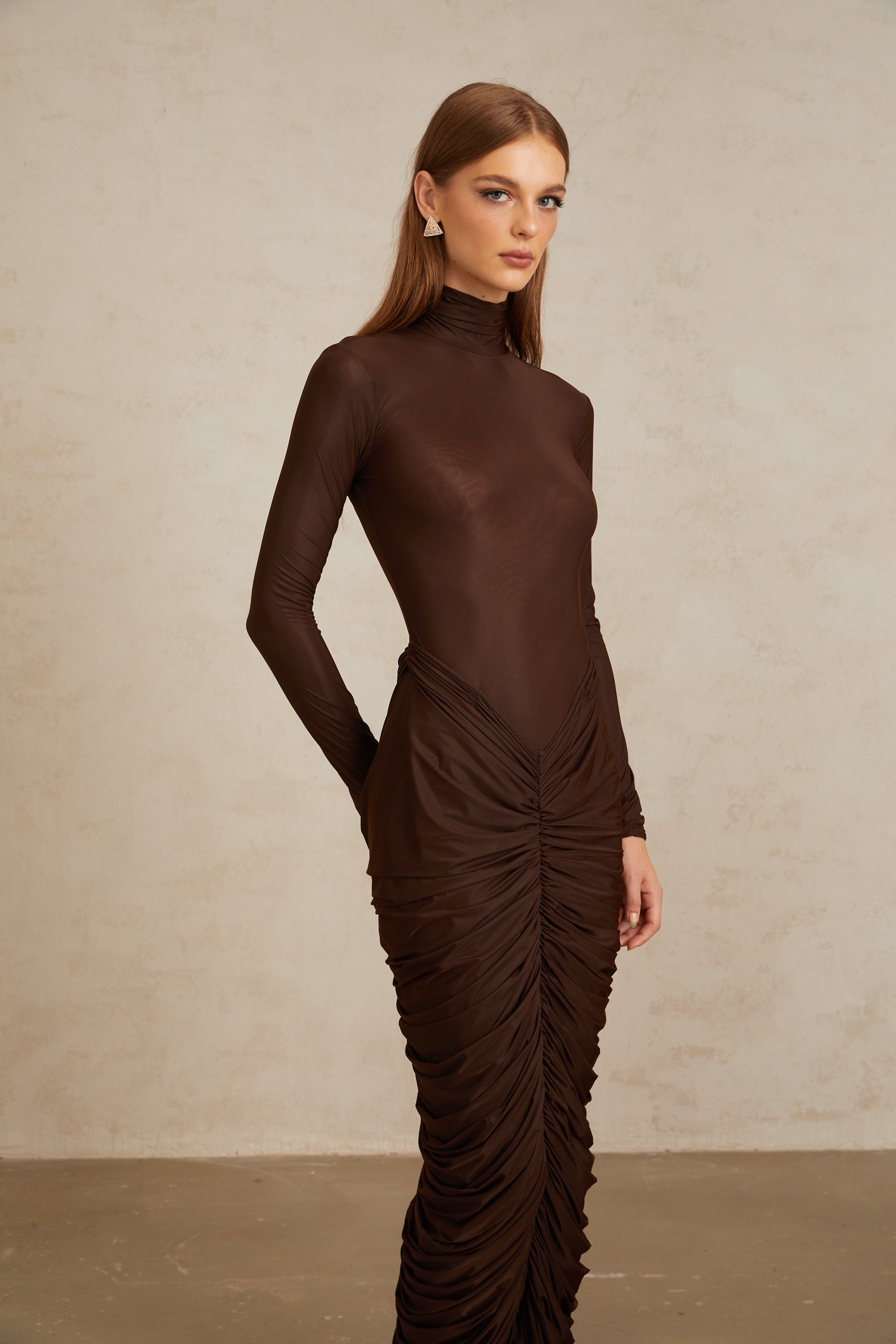 Charitina Brown Fitted Ruched Midi Dress (Final Sale-US Only)