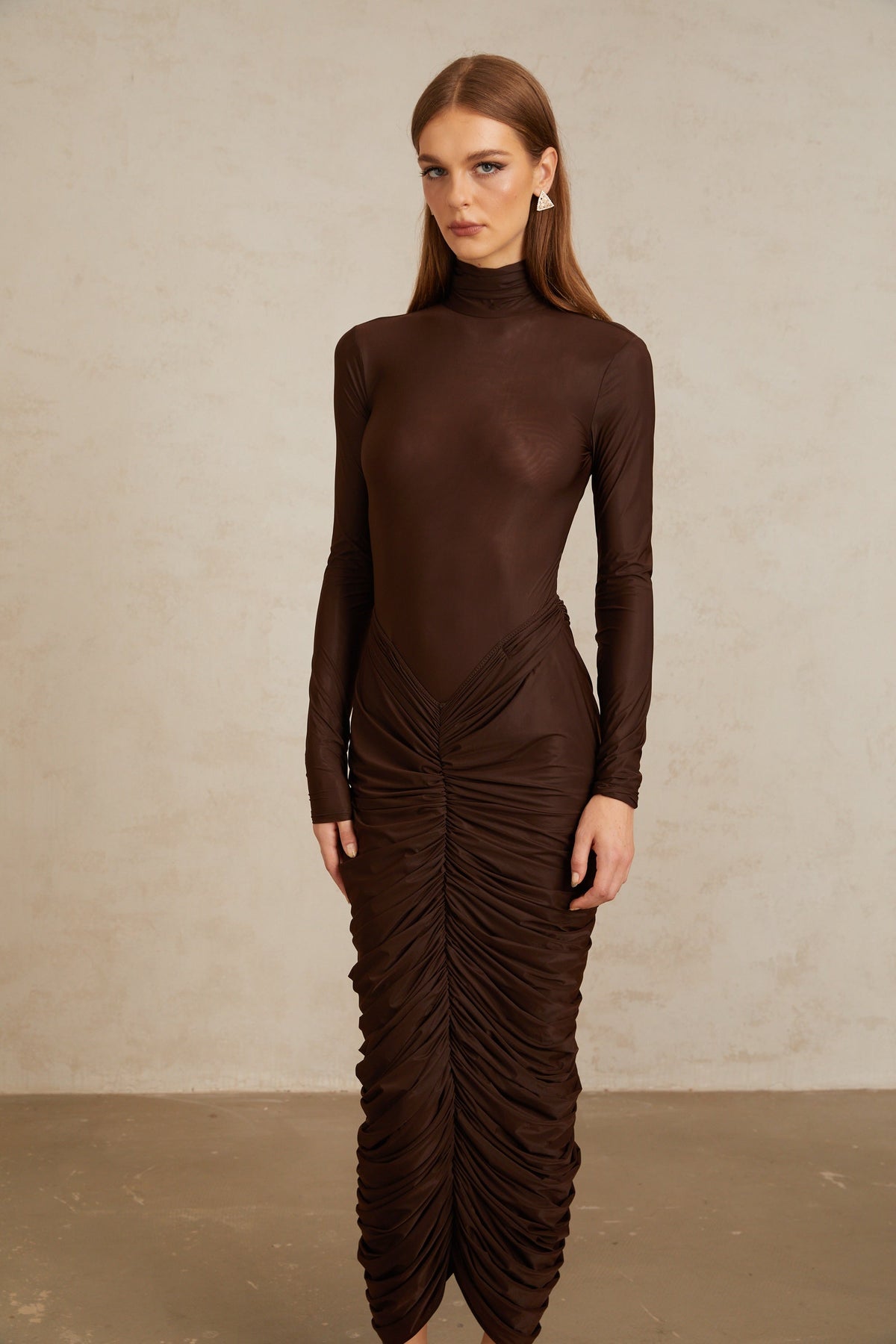 Charitina Brown Fitted Ruched Midi Dress (Final Sale-US Only)