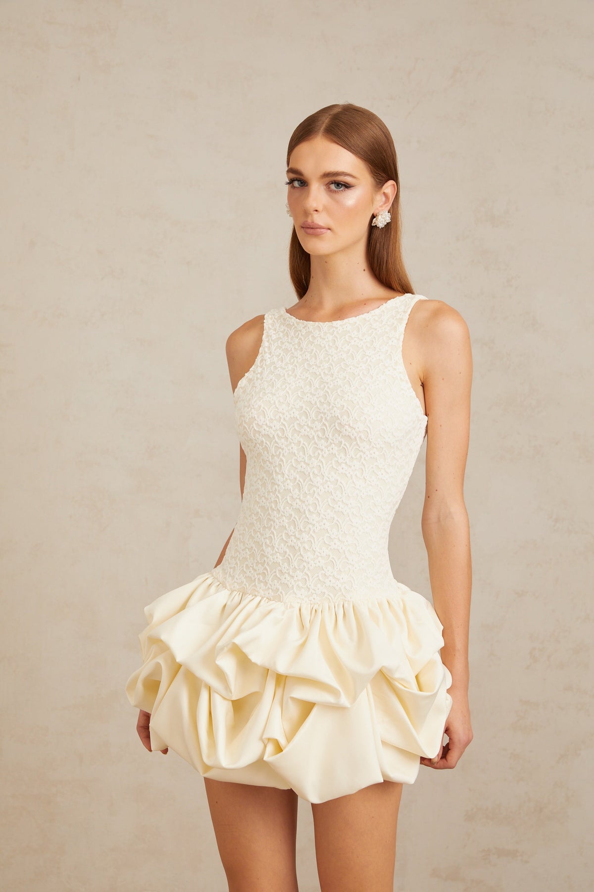 Enjouée Neutral Bubble Floral Lace Mini Dress