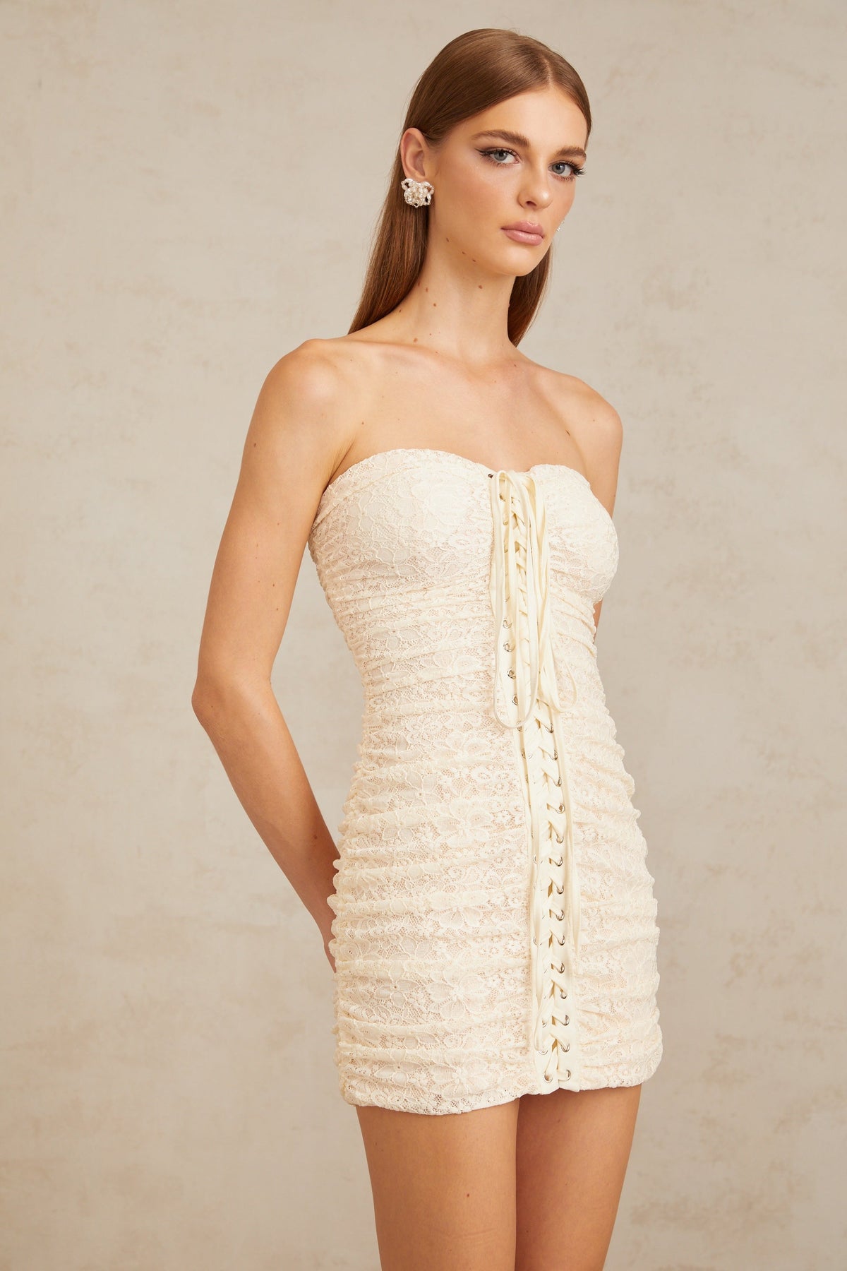 Givrée Neutral Floral Lace Mini Dress (Final Sale)
