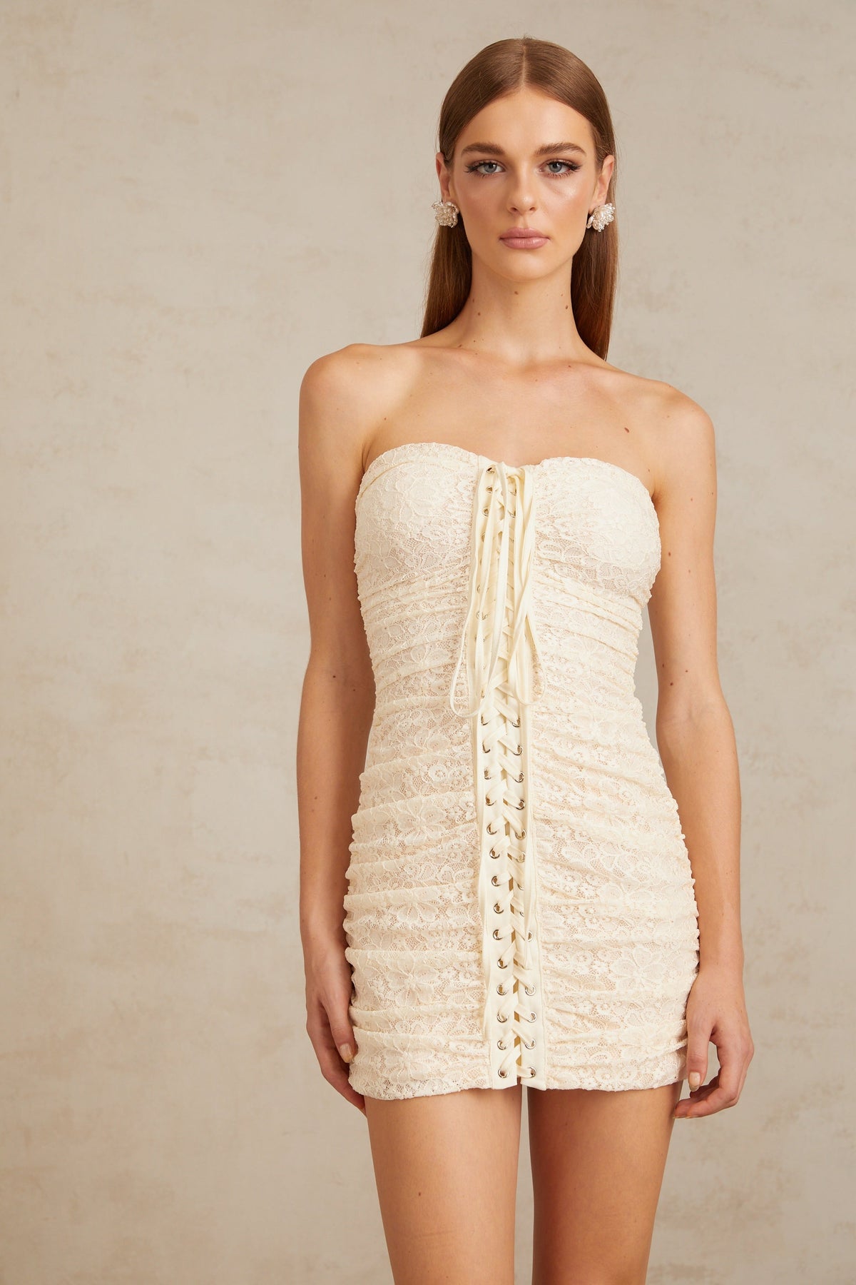 Givrée Neutral Floral Lace Mini Dress (Final Sale)