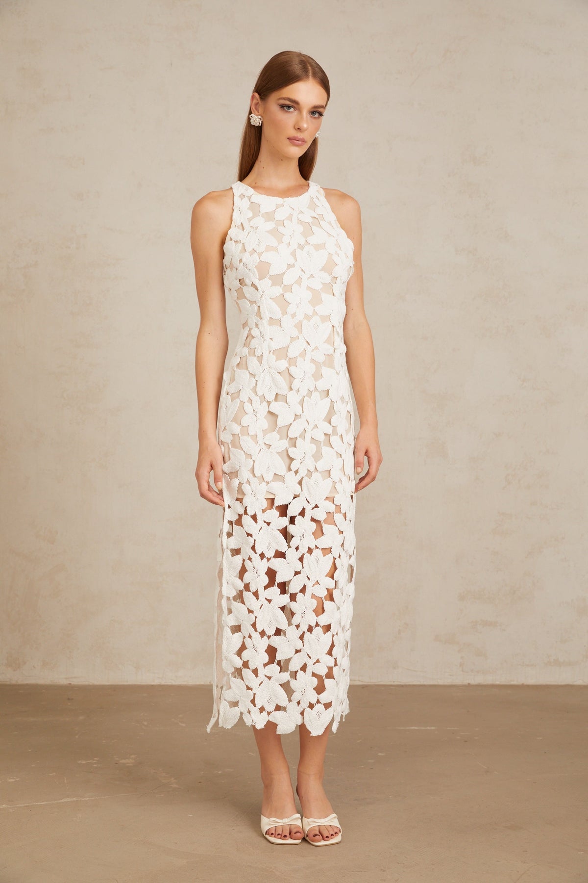 Wilhelmine White Cutout Embroidered Floral Midi Dress
