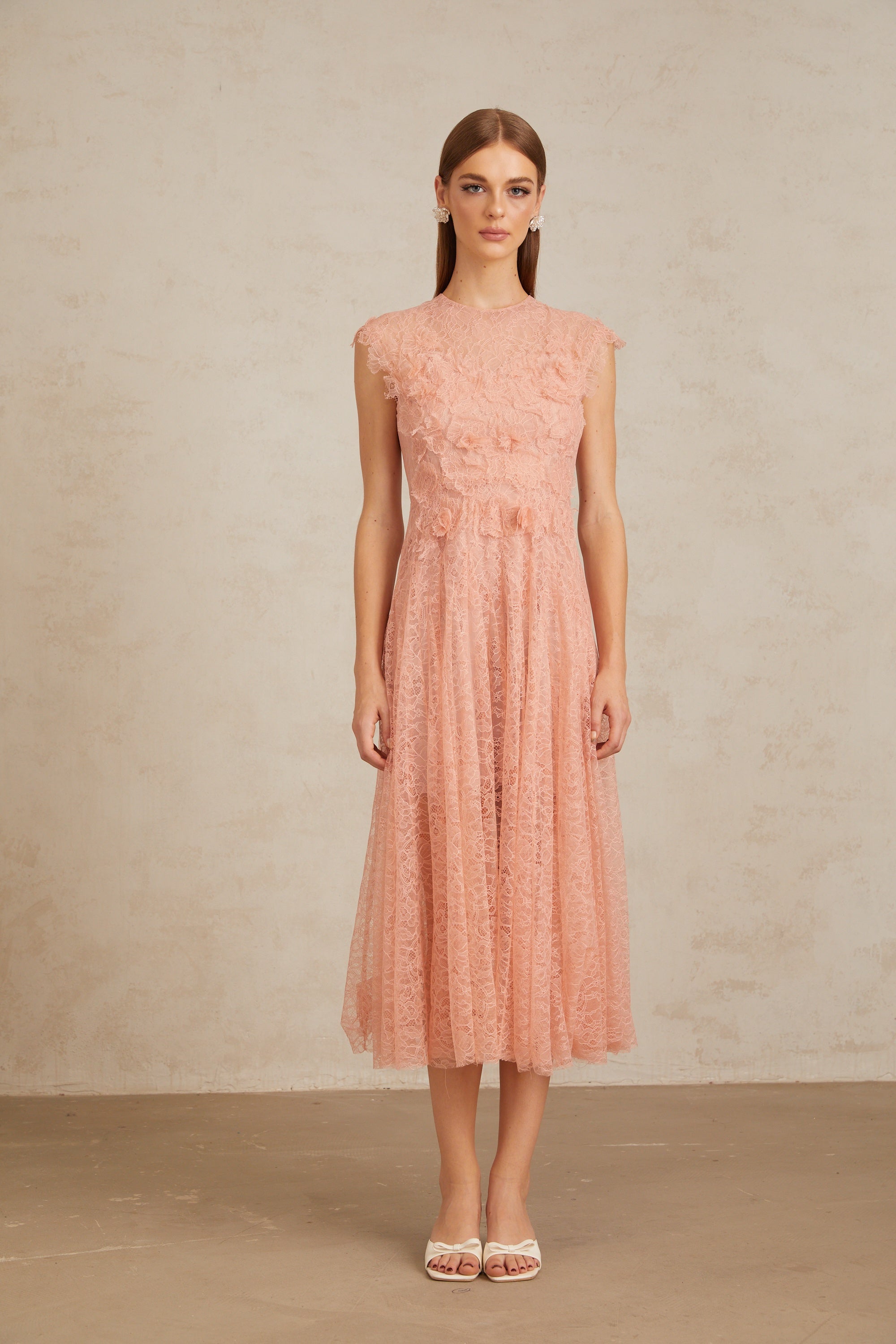 Aila Pink Shirred Guipure Lace Midi Dress (Final Sale-US Only)