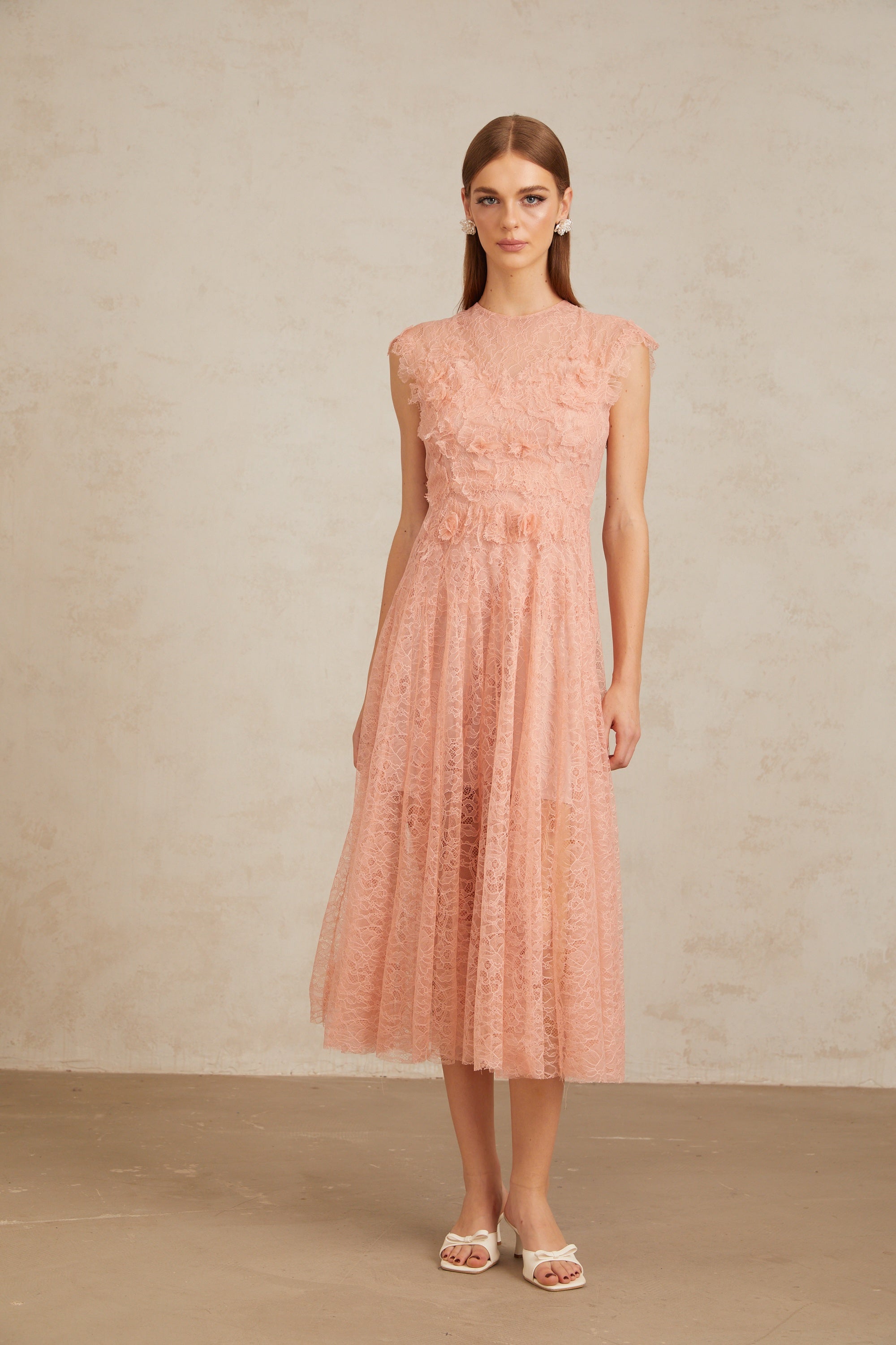 Aila Pink Shirred Guipure Lace Midi Dress (Final Sale-US Only)