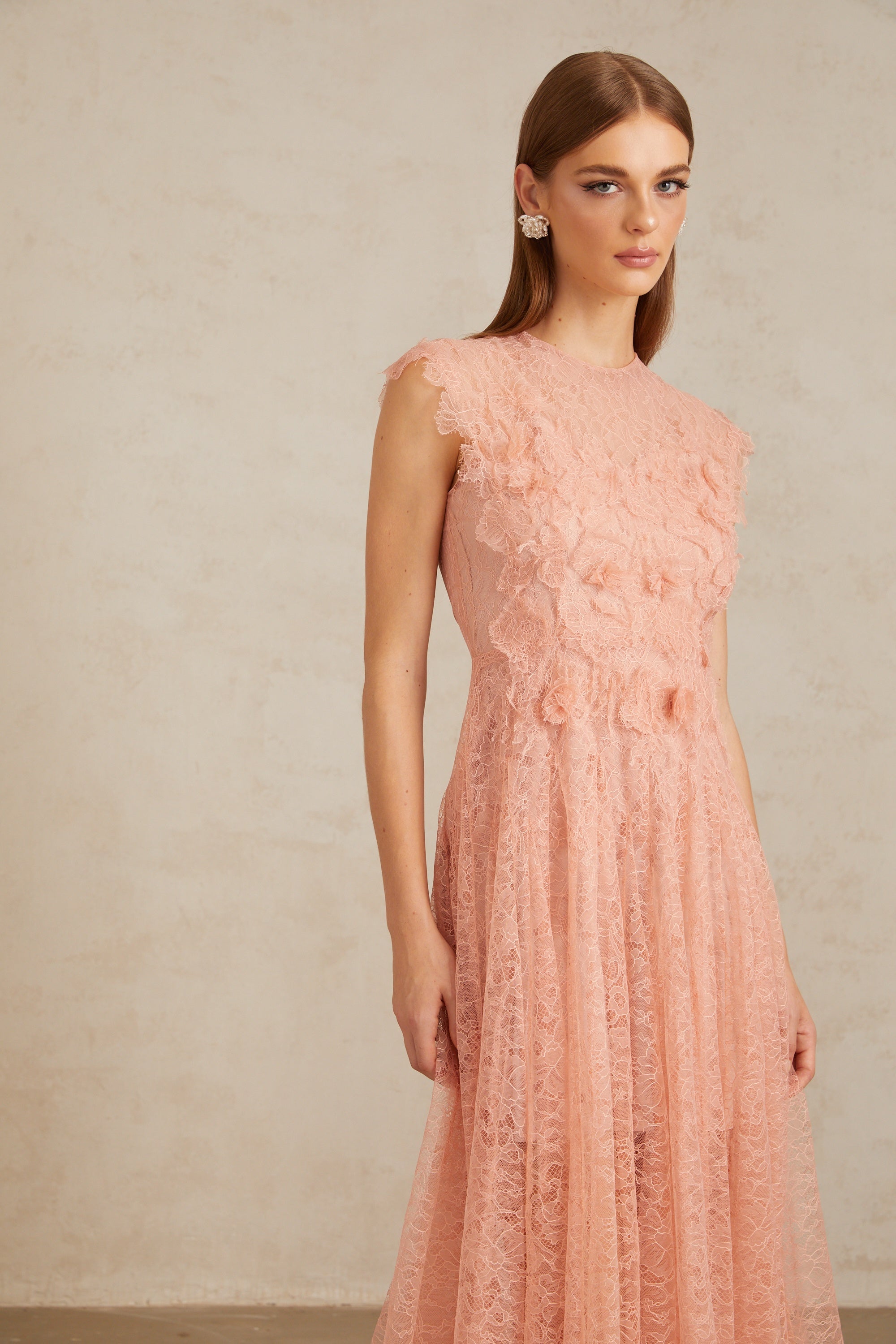 Aila Pink Shirred Guipure Lace Midi Dress (Final Sale-US Only)