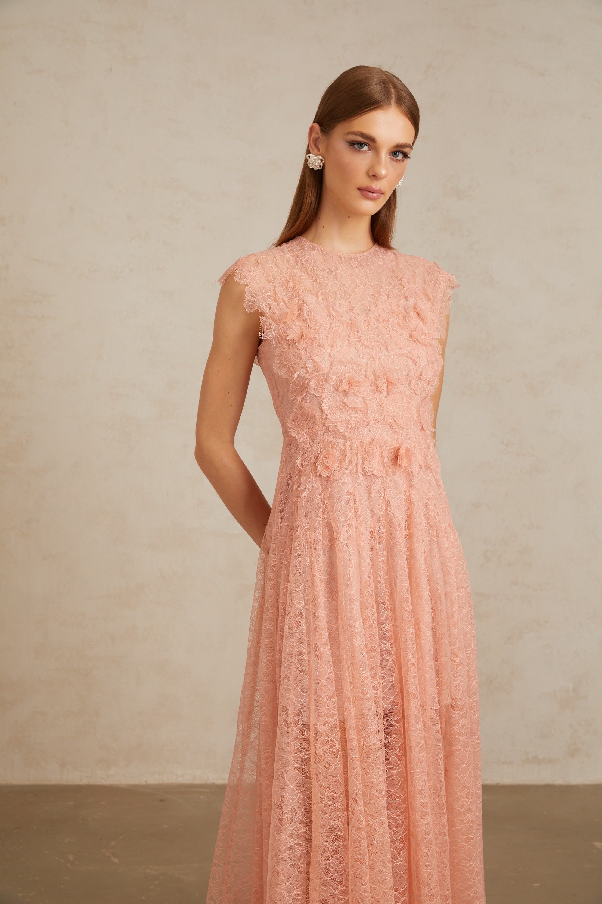 Aila Pink Shirred Guipure Lace Midi Dress (Final Sale-US Only)