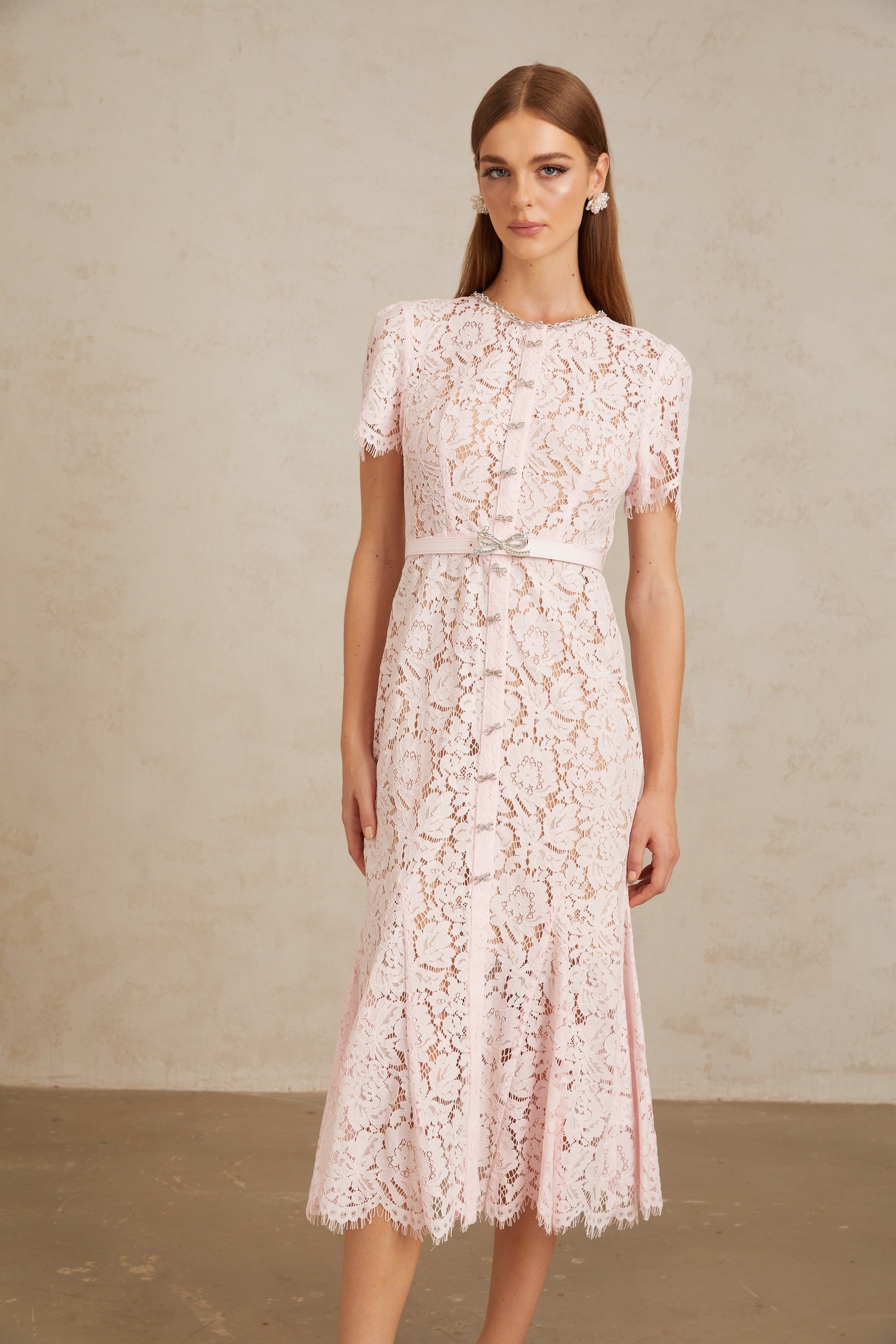 Sabine Pink Floral Lace Mermaid Midi Dress (Final Sale-US Only)