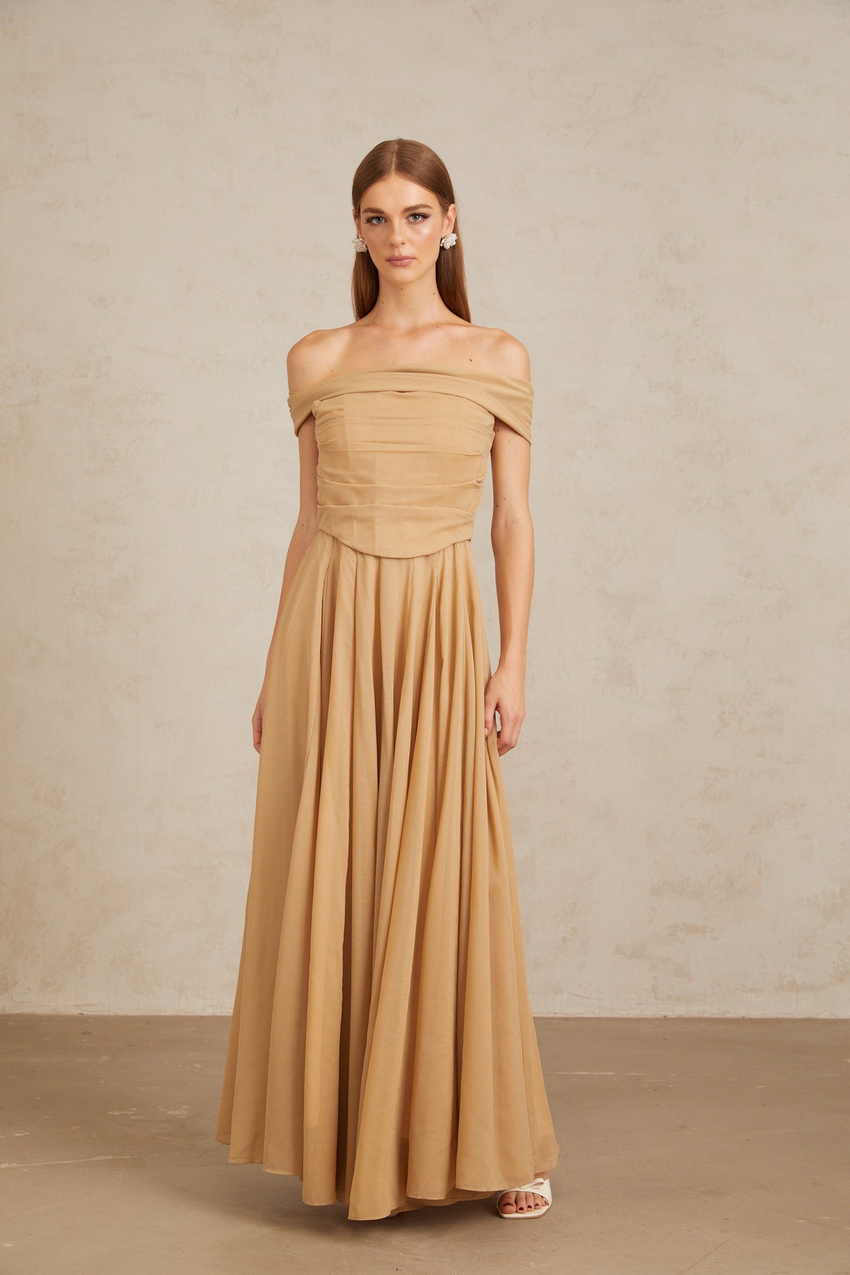 Urbaine Khaki Ruched Tulle Maxi Dress
