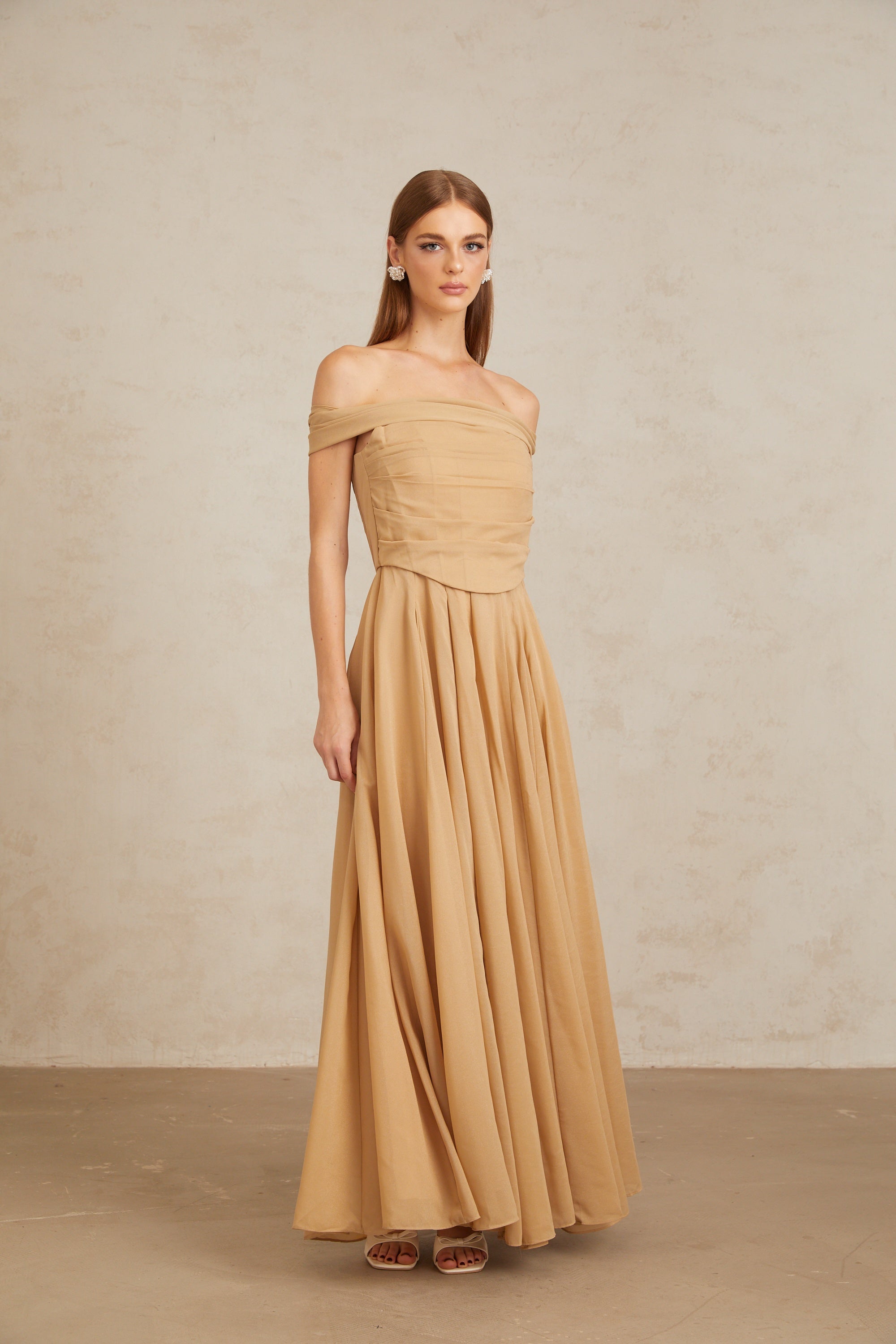 Urbaine Khaki Ruched Tulle Maxi Dress