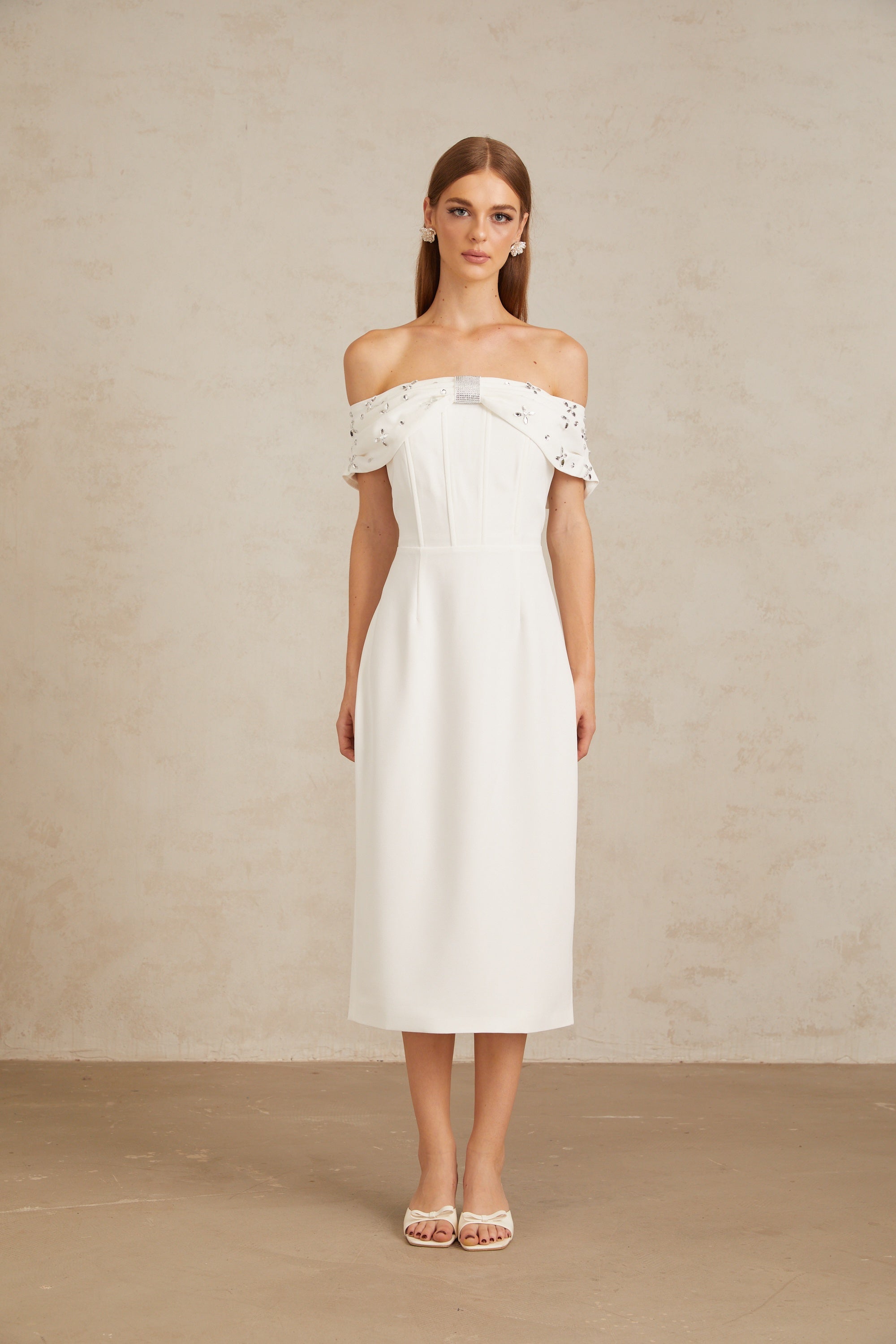 Elli White Off-Shoulder Embellished Midi Dress
