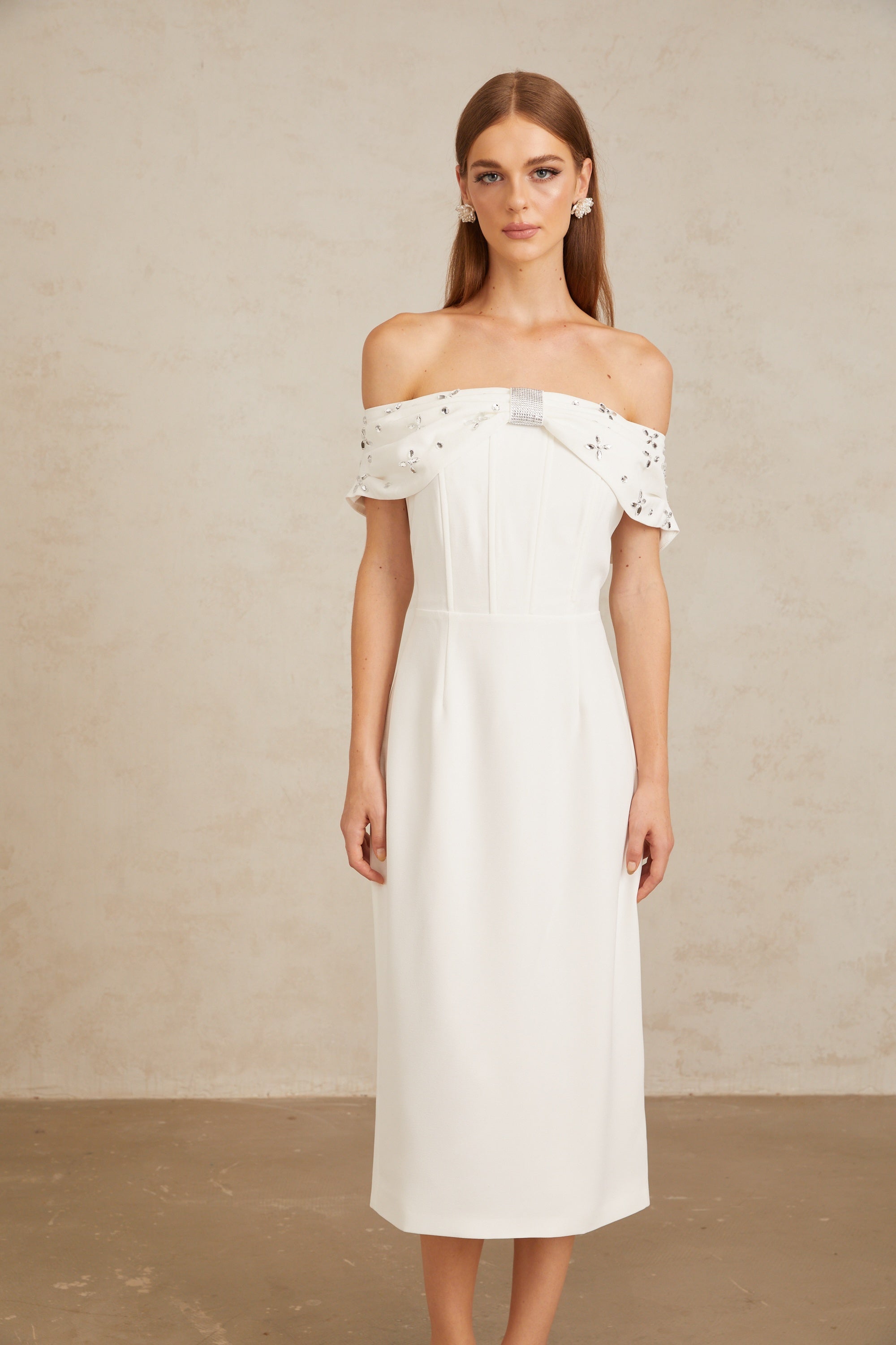 Elli White Off-Shoulder Embellished Midi Dress