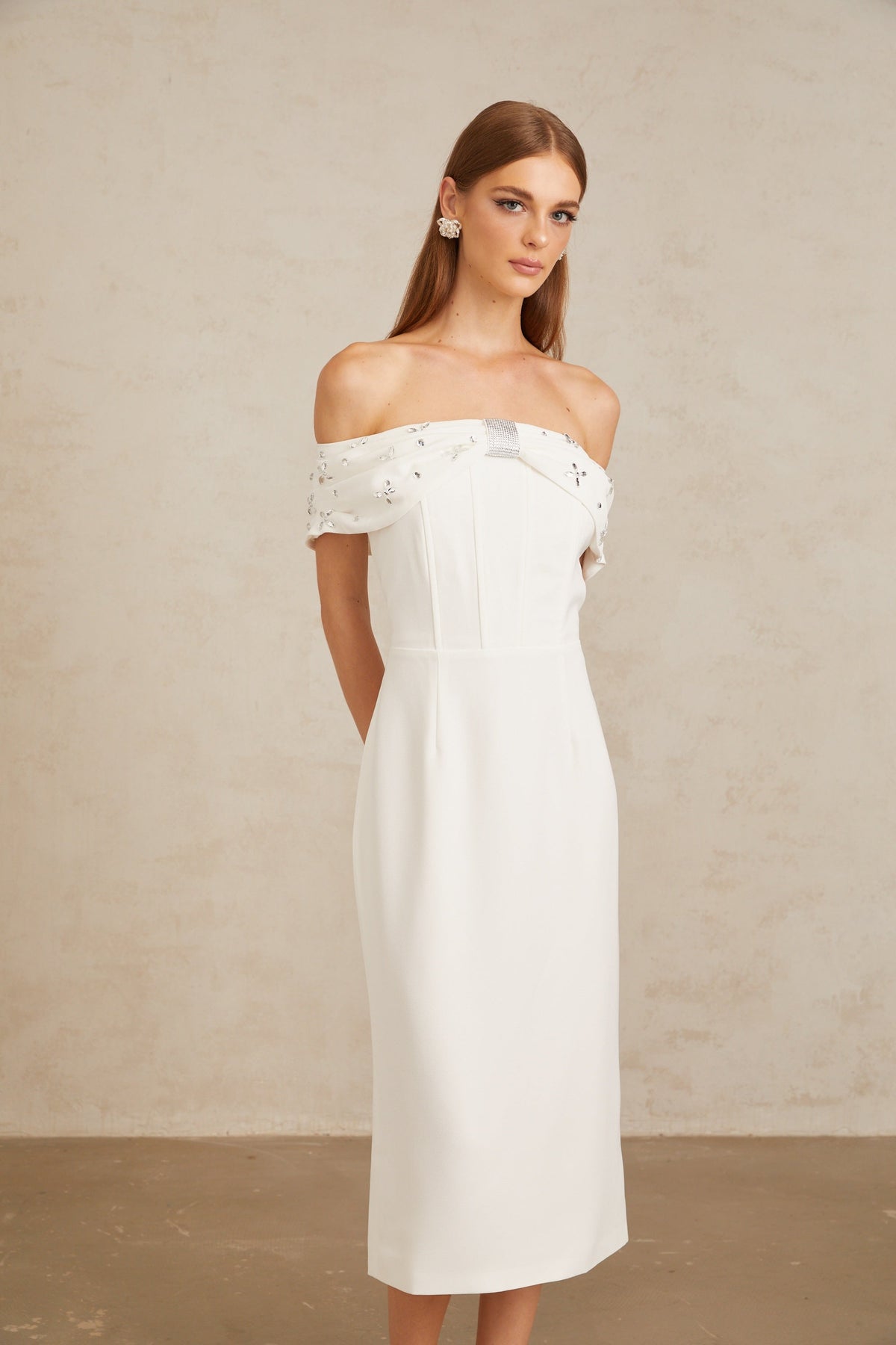 Elli White Off-Shoulder Embellished Midi Dress