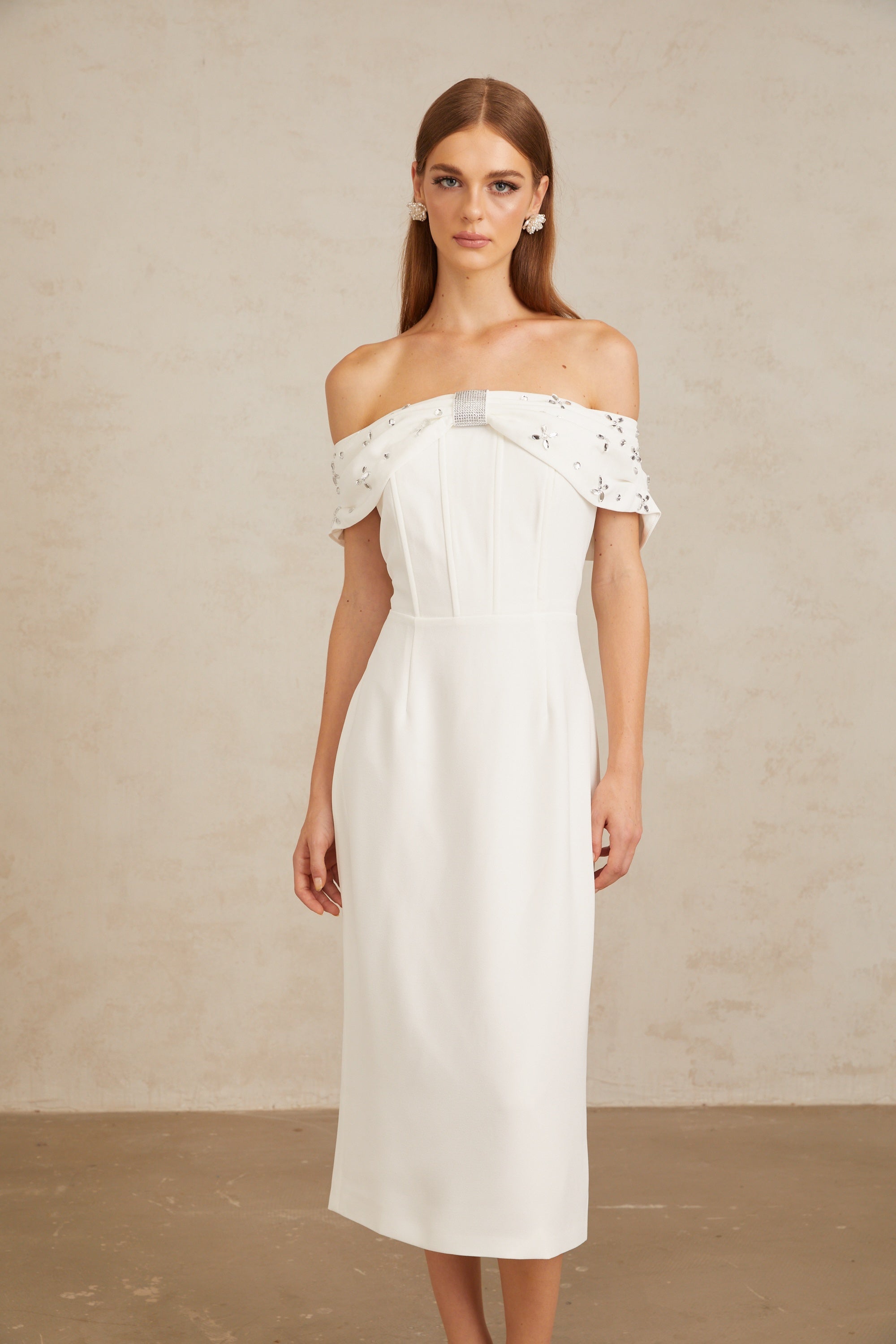 Elli White Off-Shoulder Embellished Midi Dress