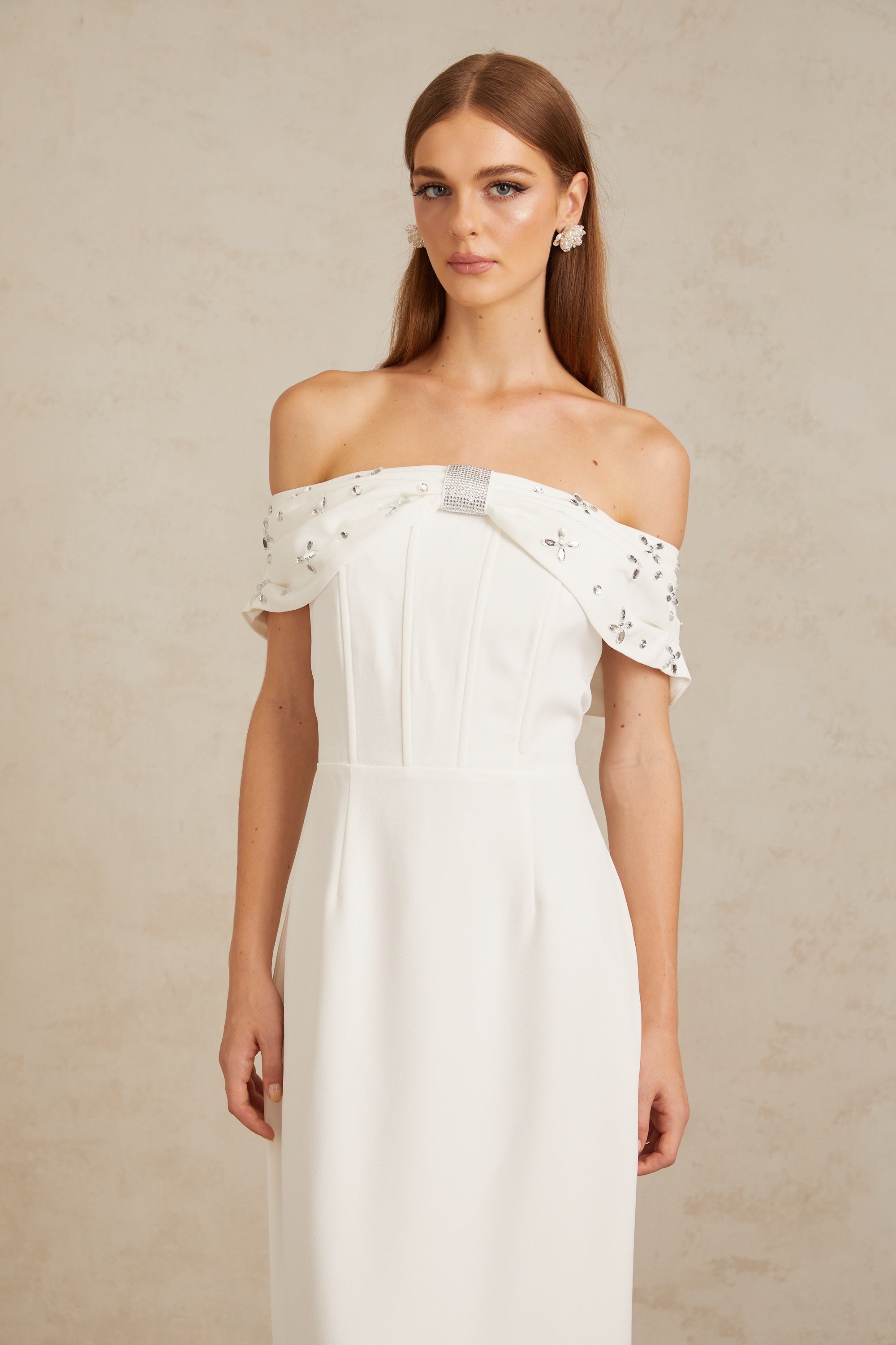 Elli White Off-Shoulder Embellished Midi Dress
