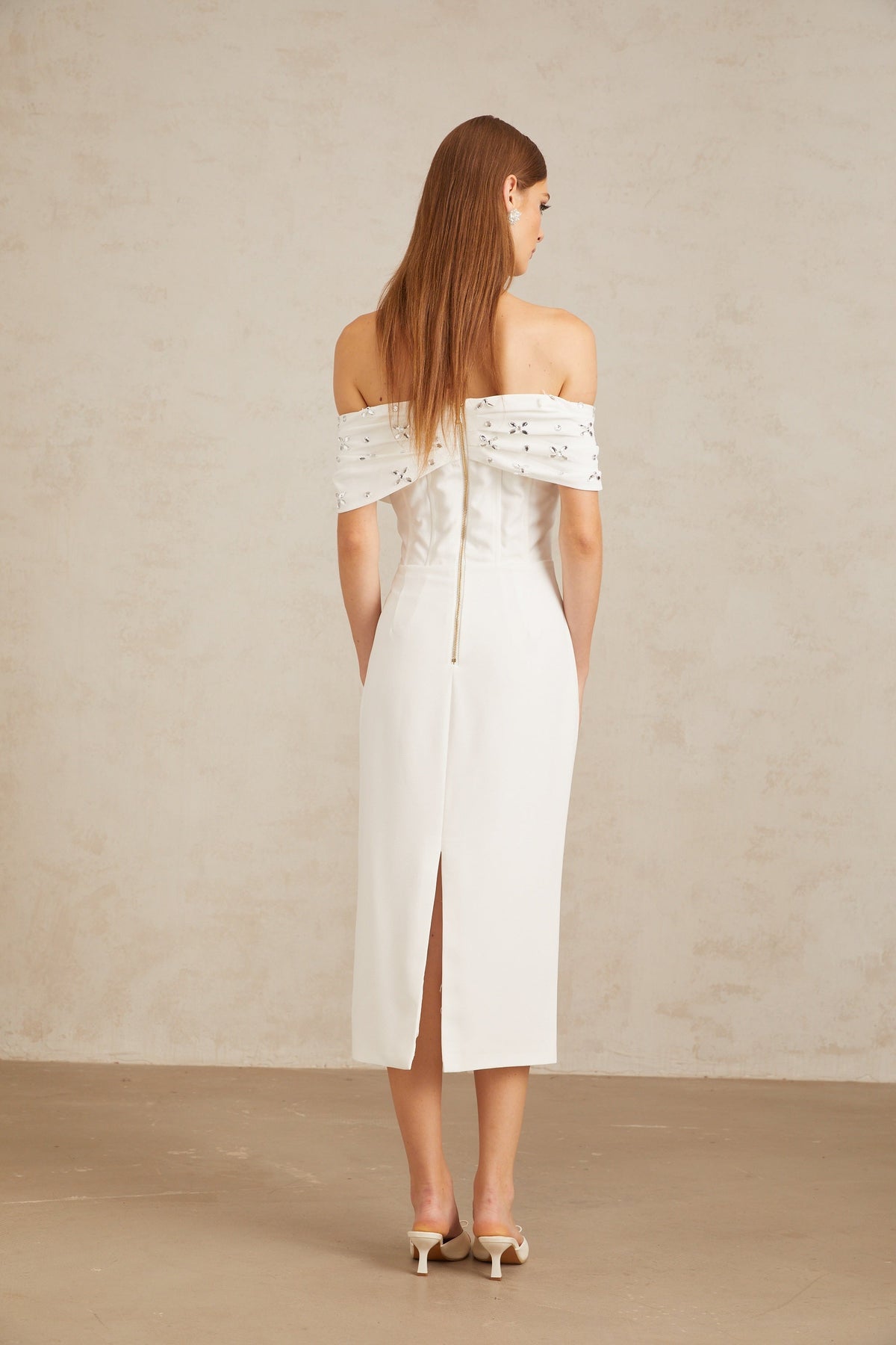 Elli White Off-Shoulder Embellished Midi Dress