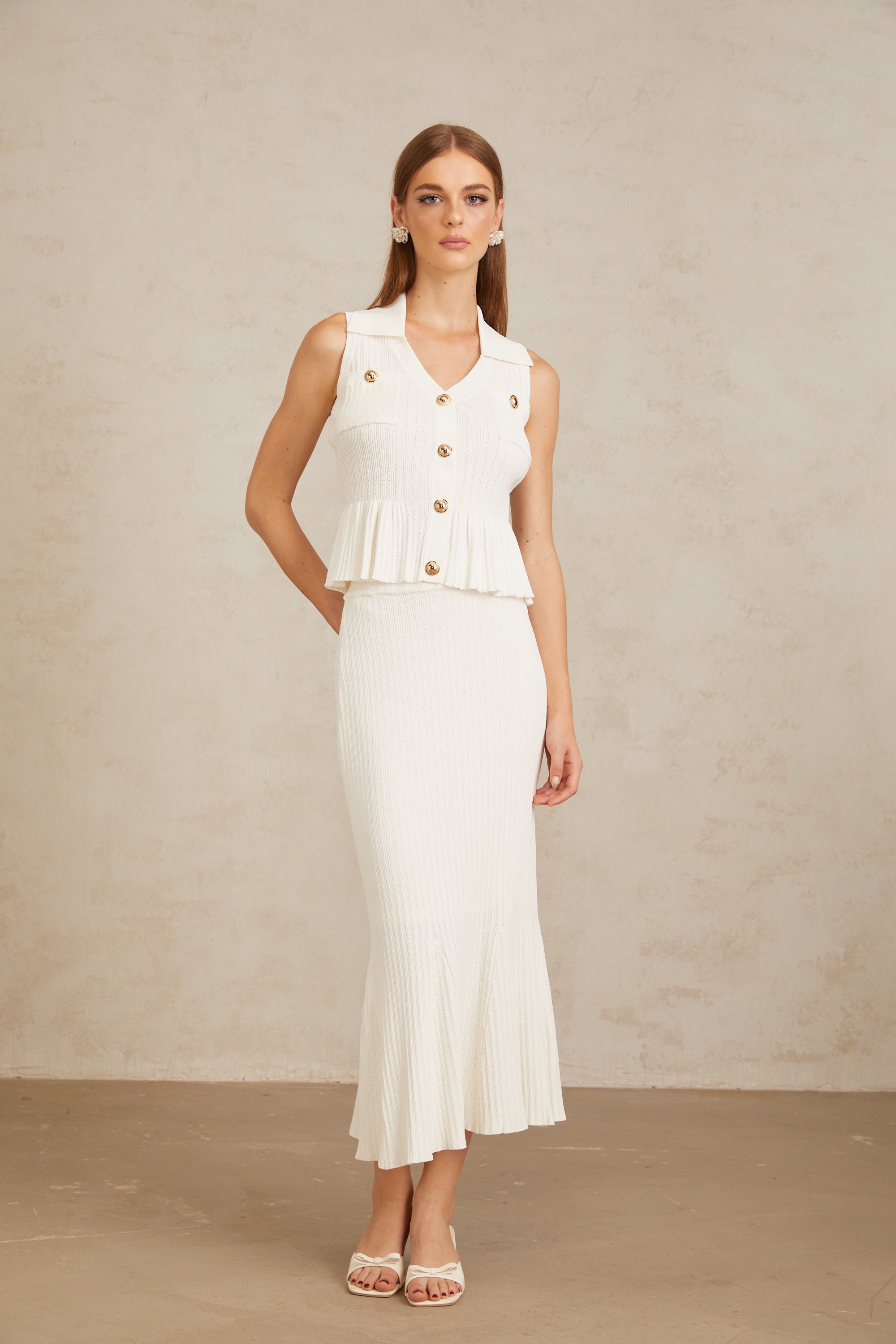 Adonie White Fitted Ribbed Knit Co-ord Set