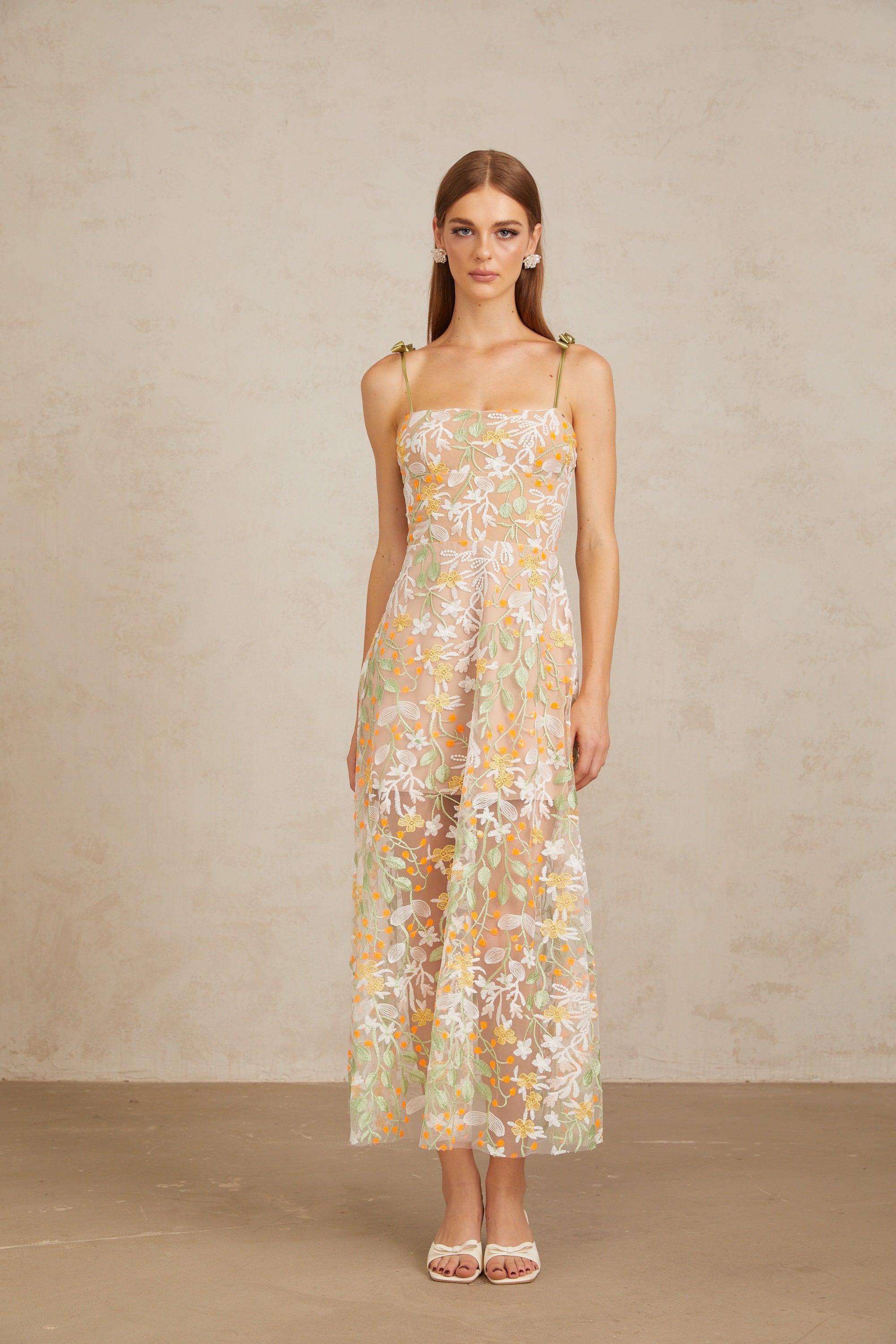 Bérénice Neutral Floral Embroidered Flare Maxi Dress