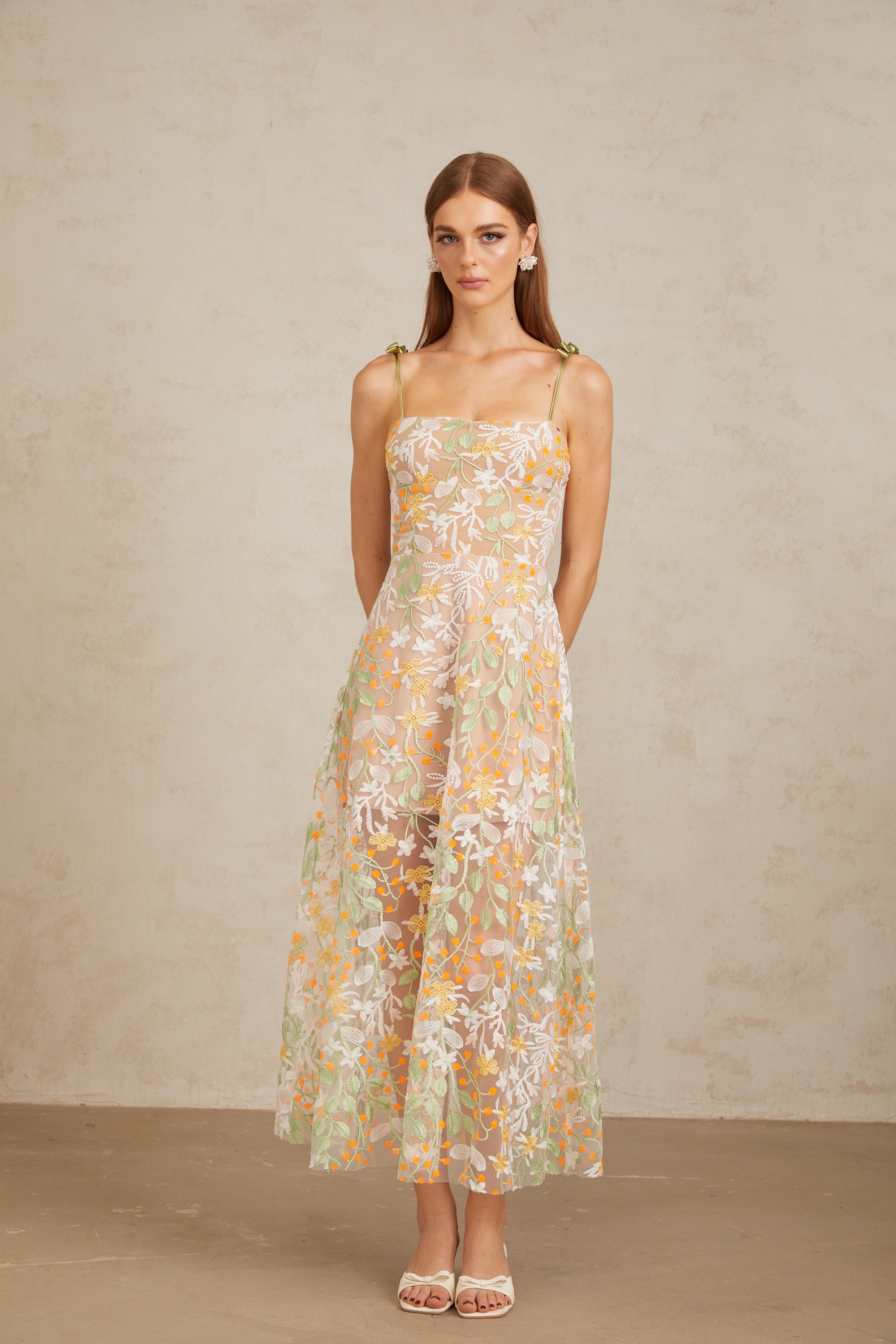 Bérénice Neutral Floral Embroidered Flare Maxi Dress