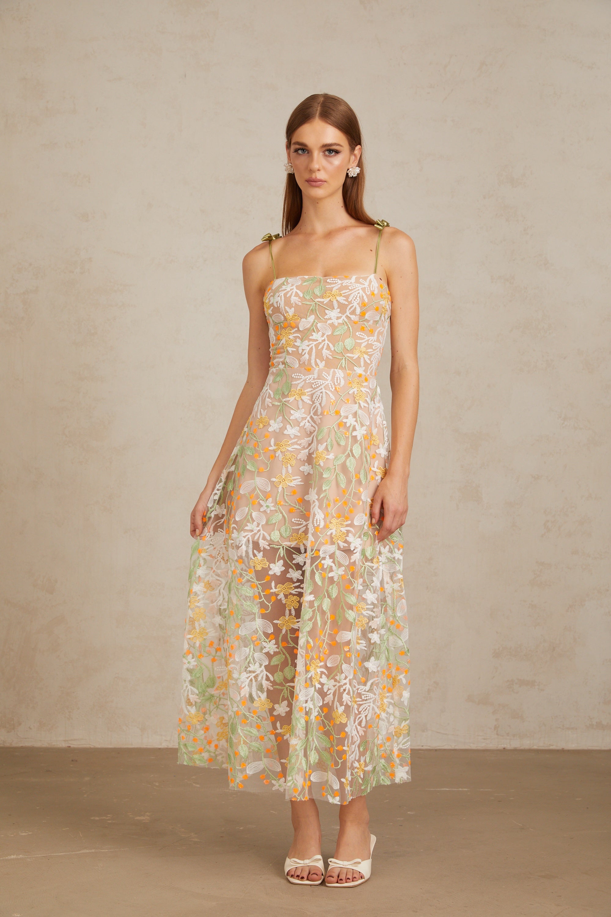 Bérénice Neutral Floral Embroidered Flare Maxi Dress