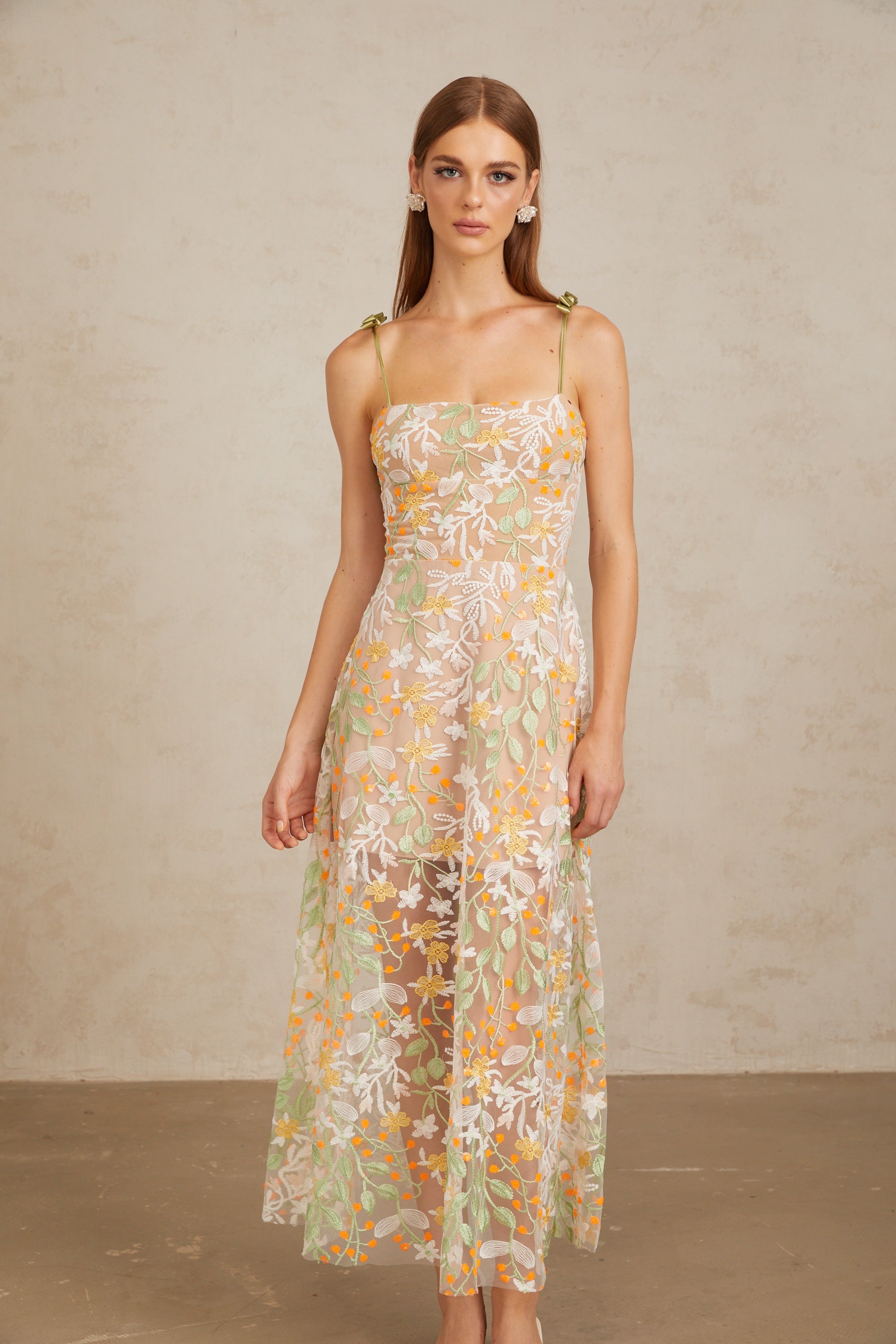Bérénice Neutral Floral Embroidered Flare Maxi Dress