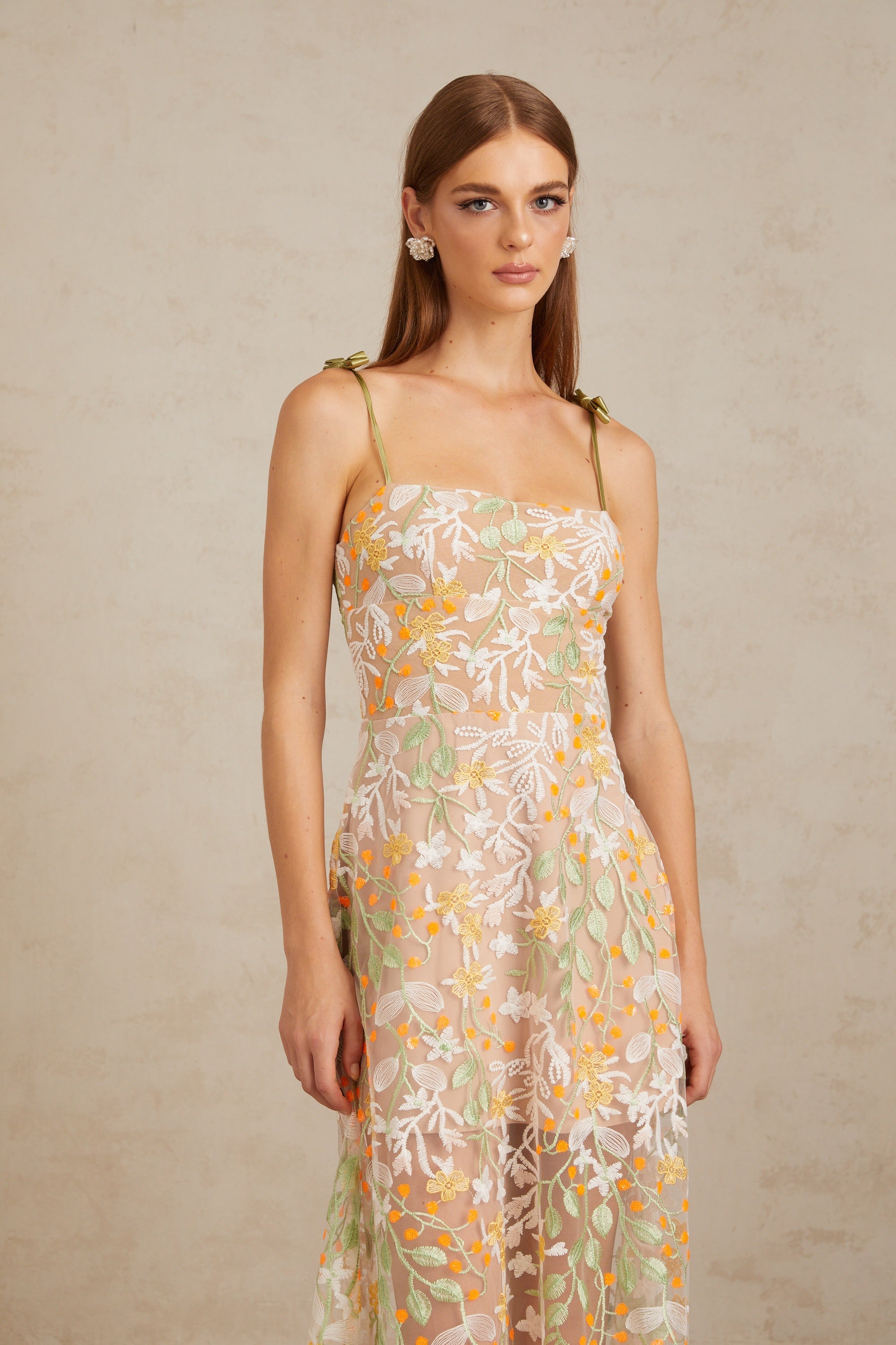 Bérénice Neutral Floral Embroidered Flare Maxi Dress