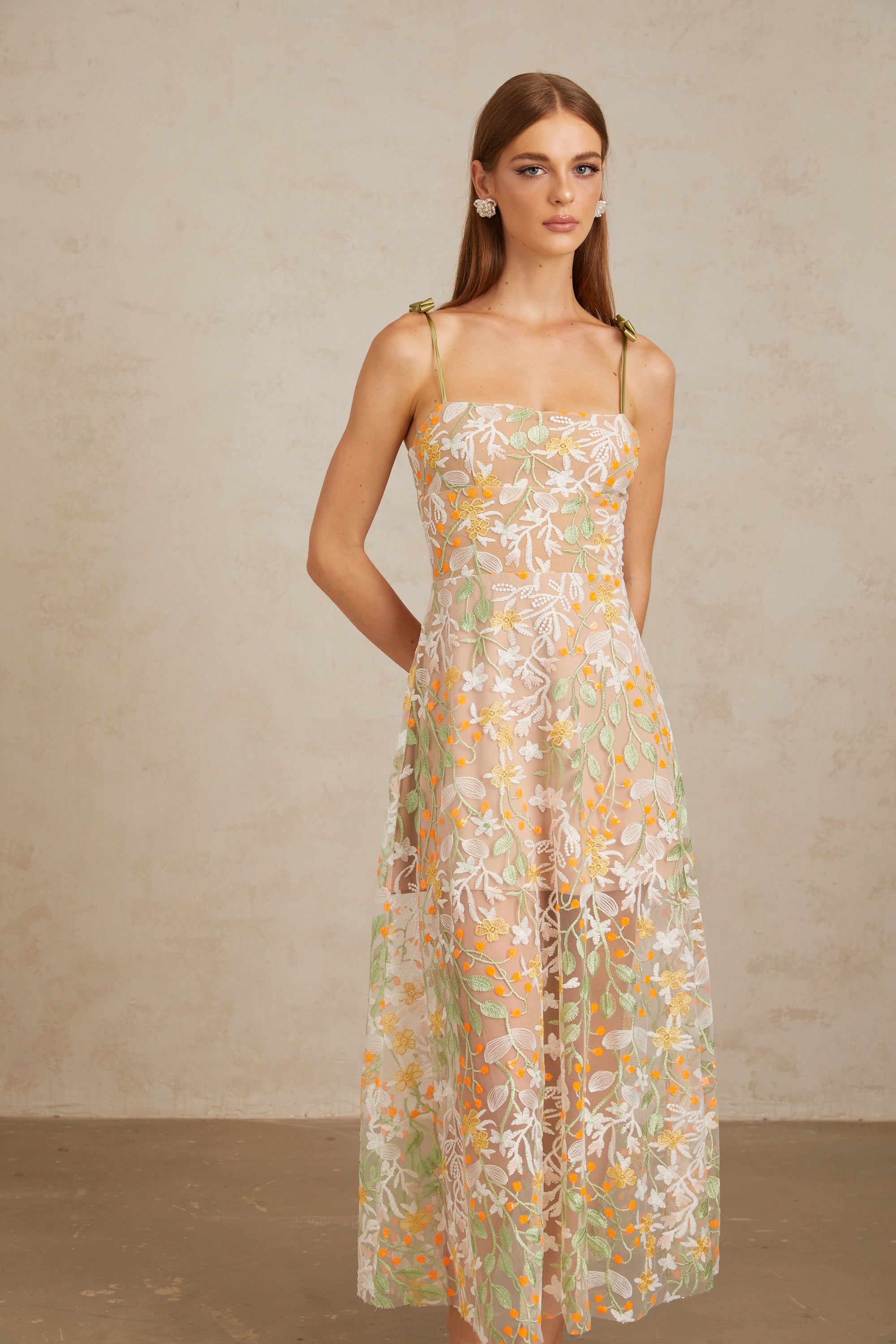 Bérénice Neutral Floral Embroidered Flare Maxi Dress