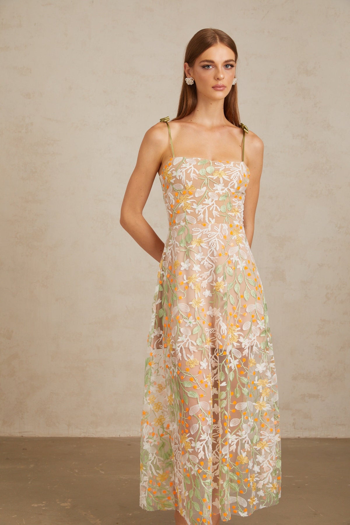 Bérénice Neutral Floral Embroidered Flare Maxi Dress